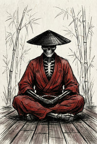  A skeletal warrior in a red robe and wide straw hat sits cross legged on a wooden floor surrounded by bamboo. The detailed pen and ink drawing emphasizes the contrast between the dark linework and the deep red garment.
