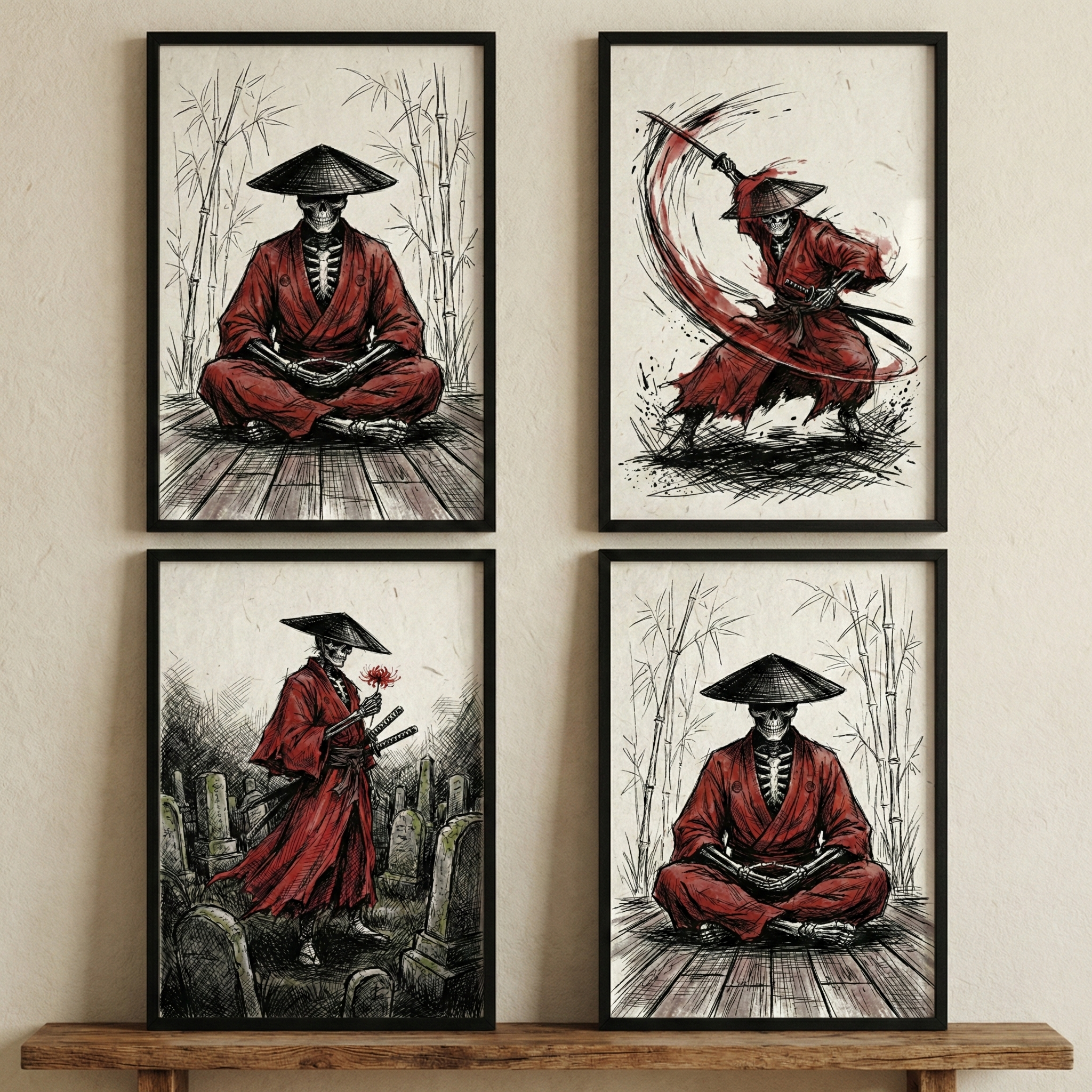 Samurai Skeleton Wall Art Set of 4 - Crimson Bone Warrior