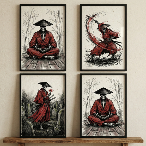 Four framed ink-style artworks are arranged in a square on a wall above a wooden ledge. Each piece features a skeletal figure wearing a red robe and a black conical hat. Two frames show the figure sitting in a meditative pose with bamboo in the background. One frame depicts the figure in a dynamic pose swinging a sword with a red arc. The final frame shows the figure standing in a graveyard, holding a red flower.