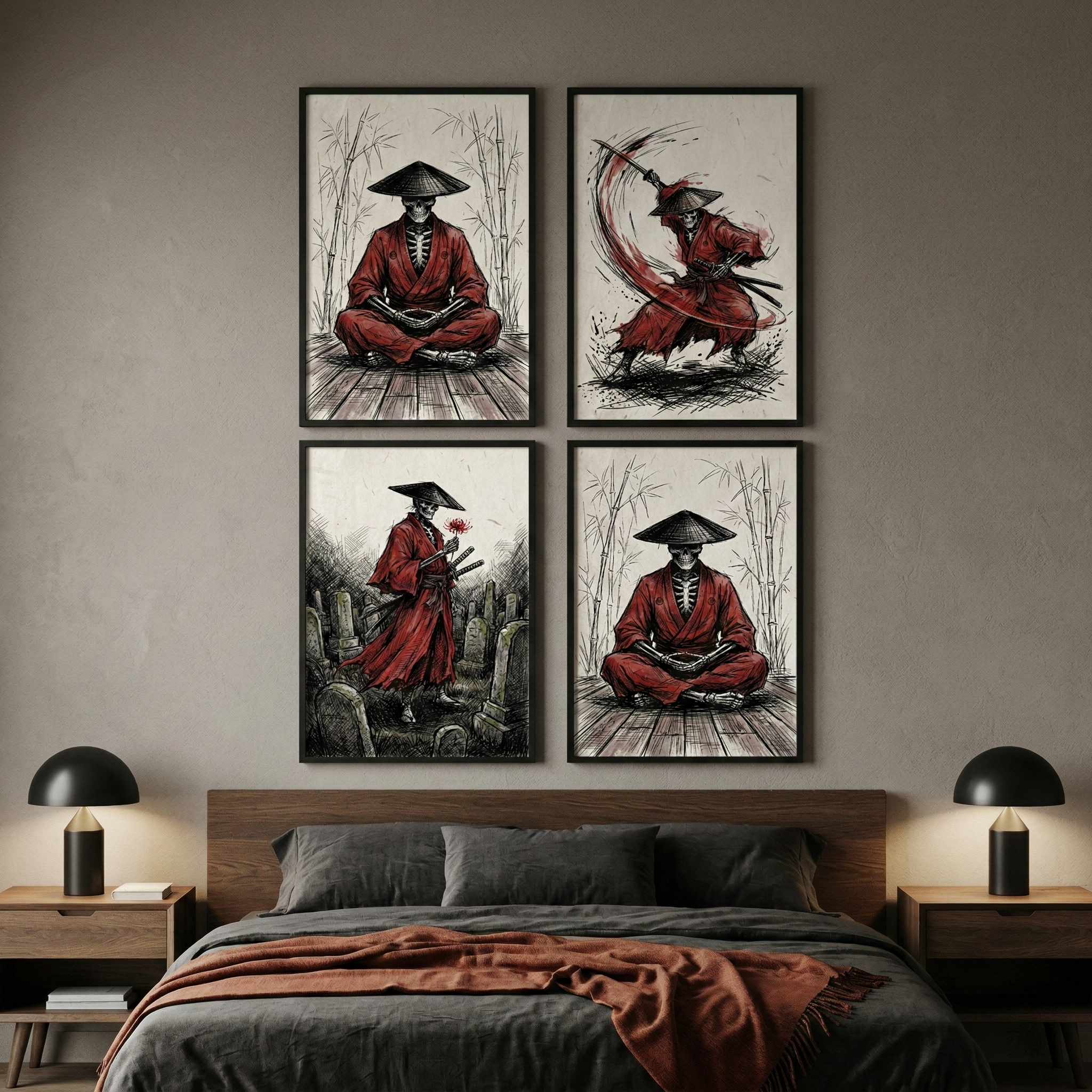Samurai Skeleton Wall Art Set of 4 - Crimson Bone Warrior