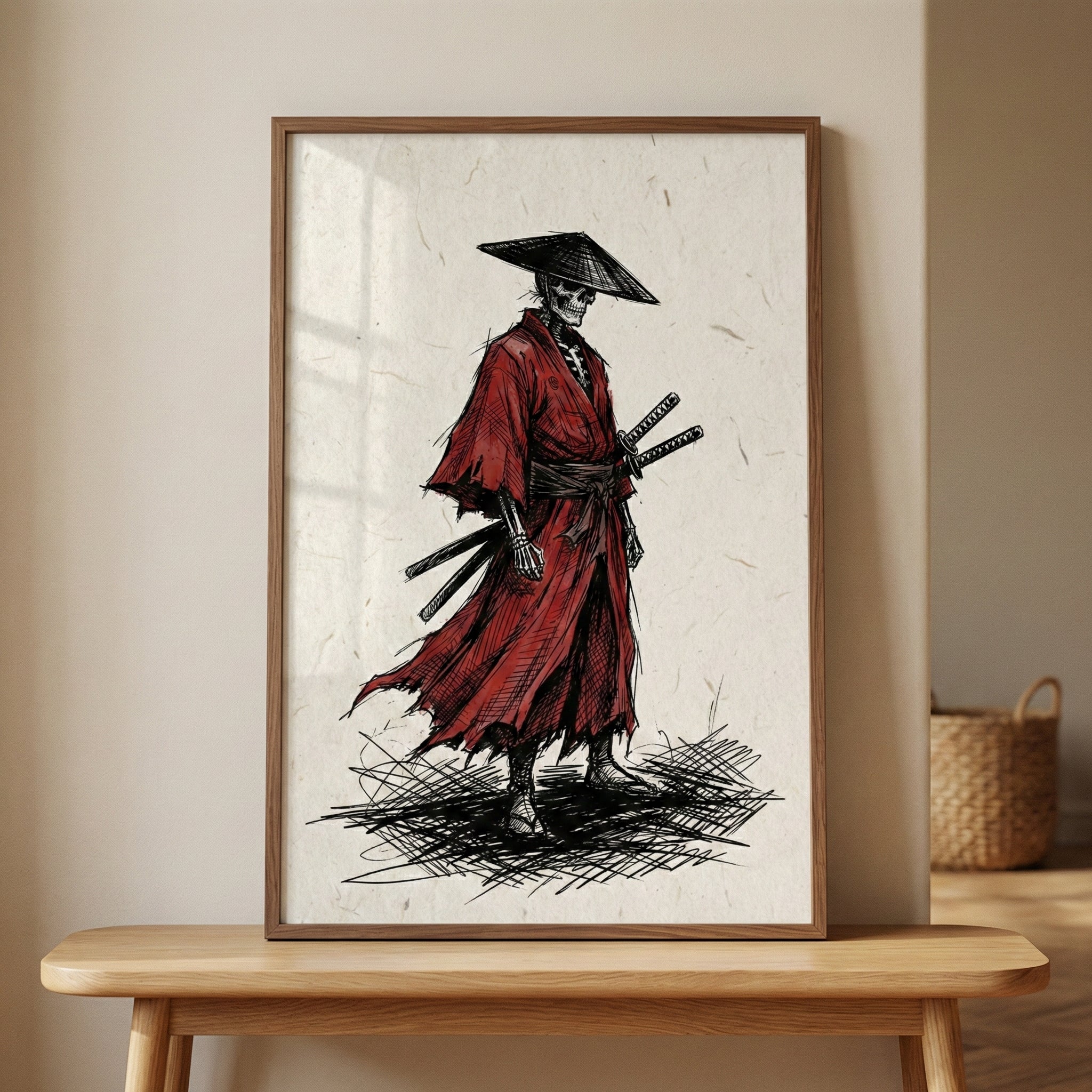 Skeleton Samurai Wall Art Red Robe Undead Warrior Print
