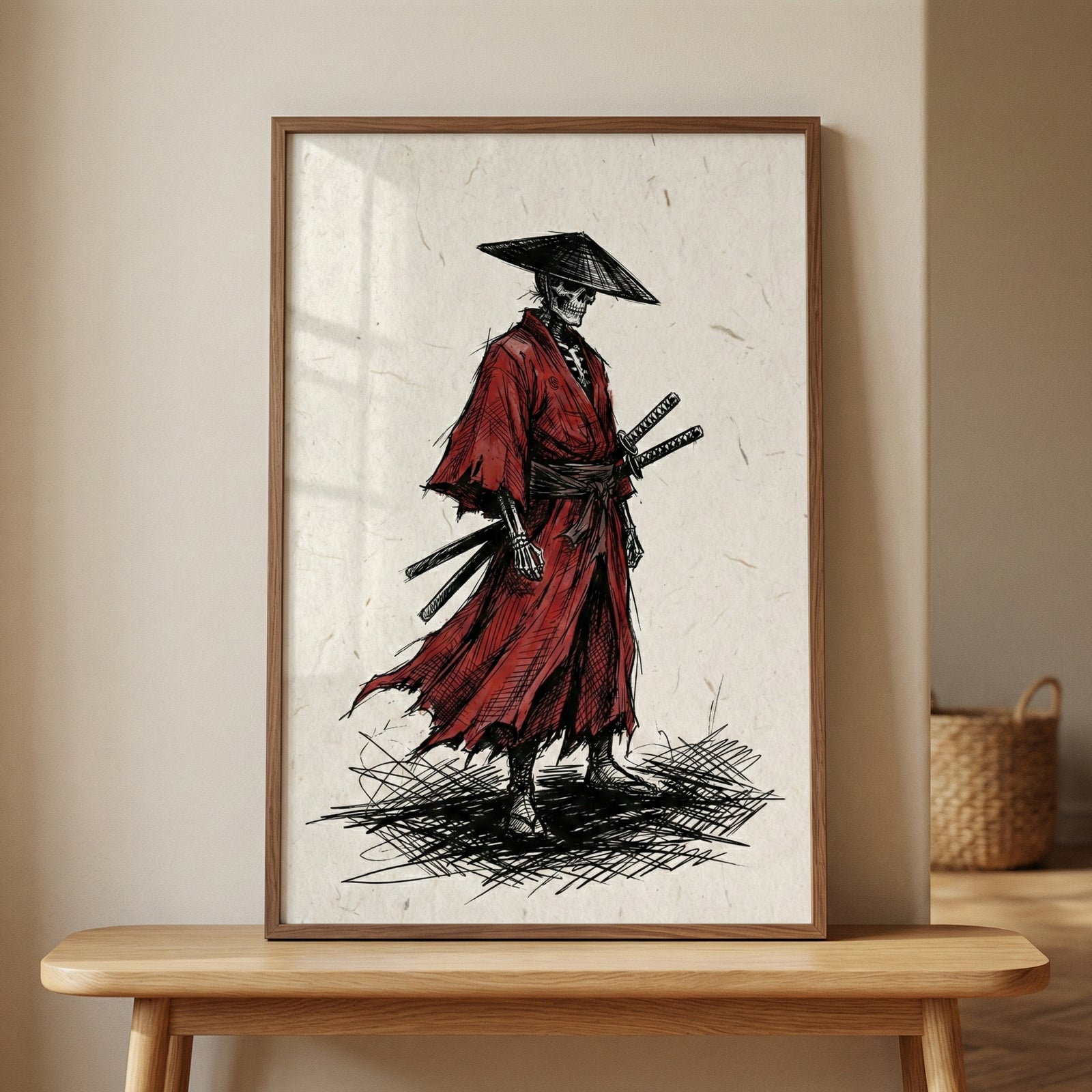 Framed illustration of a skeletal samurai wearing a flowing red robe and wide straw hat, standing against a textured neutral background. The minimalist ink style artwork with bold black lines and deep red tones creates a dramatic focal point while the wooden frame and bench add a warm natural contrast.
