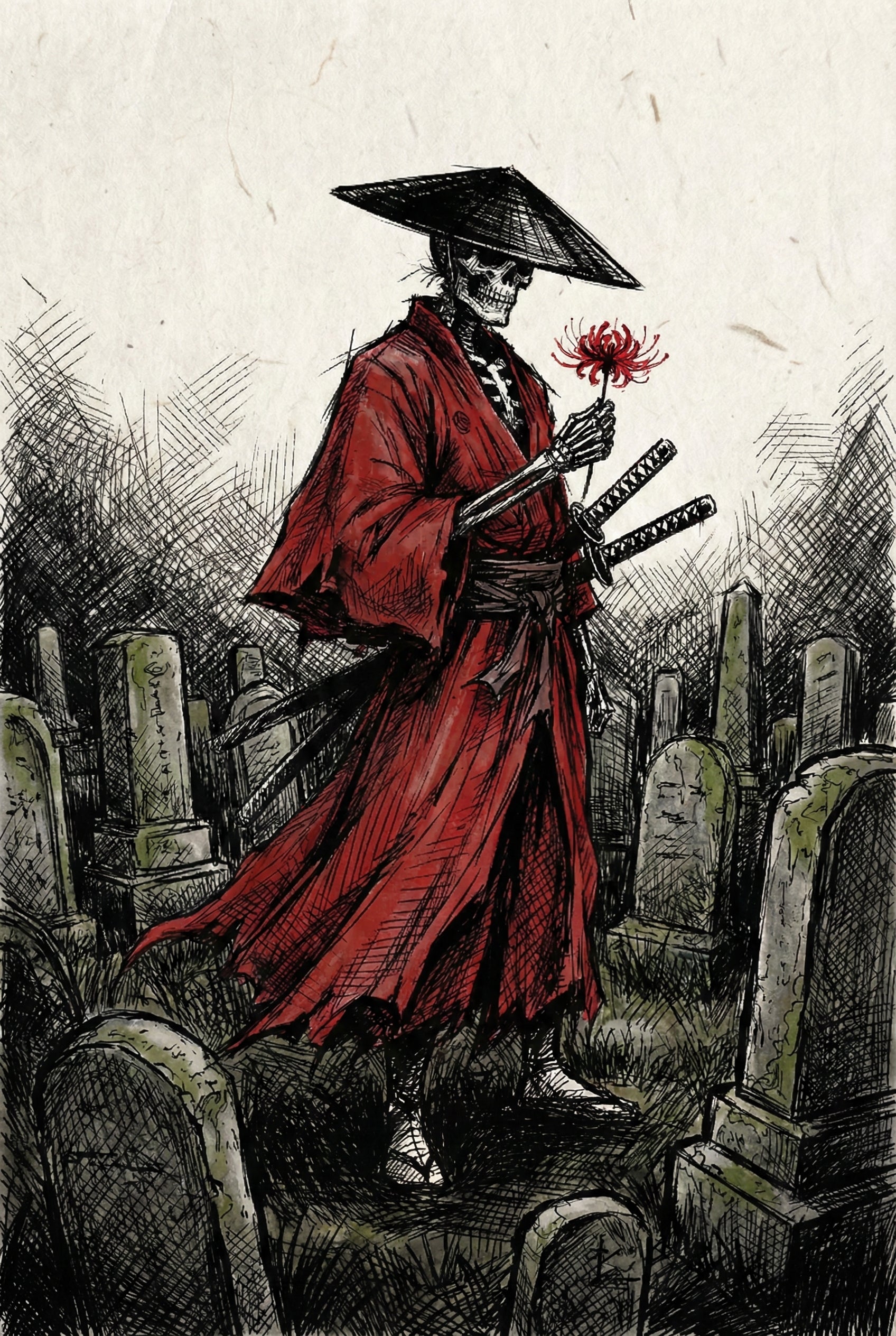 An atmospheric illustration of a skeletal figure standing in a somber, overgrown graveyard. The skeleton is dressed in a tattered red robe and wears a dark, wide-brimmed conical hat. Two swords are tucked into its sash. It holds a single, vibrant red spider lily in its skeletal hand. The scene is rendered with heavy black cross-hatching and ink lines, creating a moody, textured appearance. Weathered and mossy gravestones surround the figure under a dark, hazy sky.