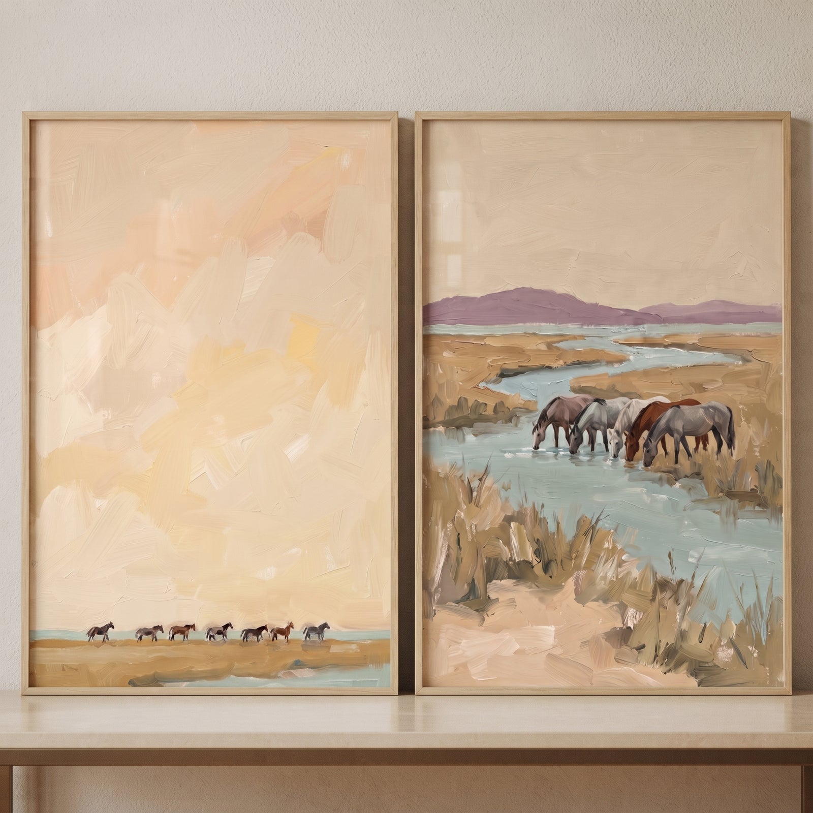 sand beige wetland horses wall art set of 2 featuring distant horses under a vast sky and horses drinking from a river.