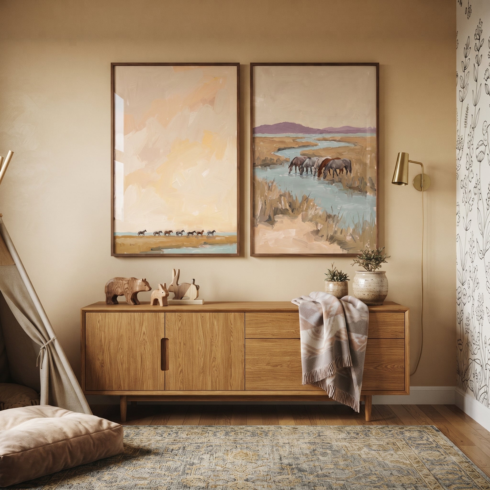 Sand Beige Wetland Horses Wall Art Set of 2 - Golden Horizon Drift