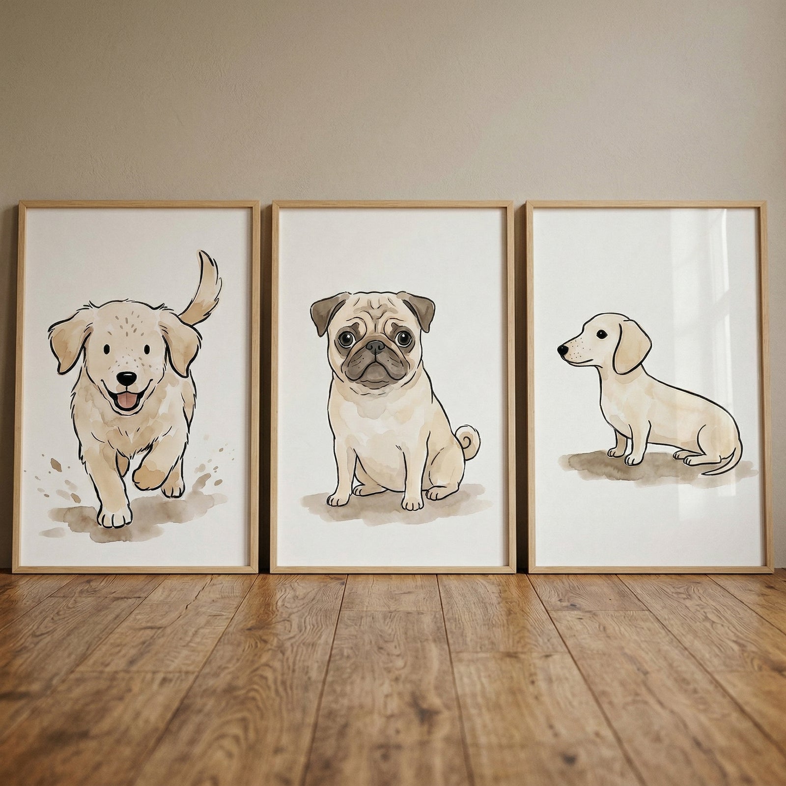Three thin, light-wood framed illustrations are lined up horizontally on a polished wooden floor against a neutral beige wall. Each piece features a different cartoon-style dog on a plain white background with soft, watercolor-like shading underneath them. 


The art style across all three works is consistent, using clean black outlines and a muted color palette of tan, cream, and brown.