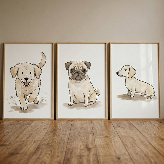 Three thin, light-wood framed illustrations are lined up horizontally on a polished wooden floor against a neutral beige wall. Each piece features a different cartoon-style dog on a plain white background with soft, watercolor-like shading underneath them. 


The art style across all three works is consistent, using clean black outlines and a muted color palette of tan, cream, and brown.