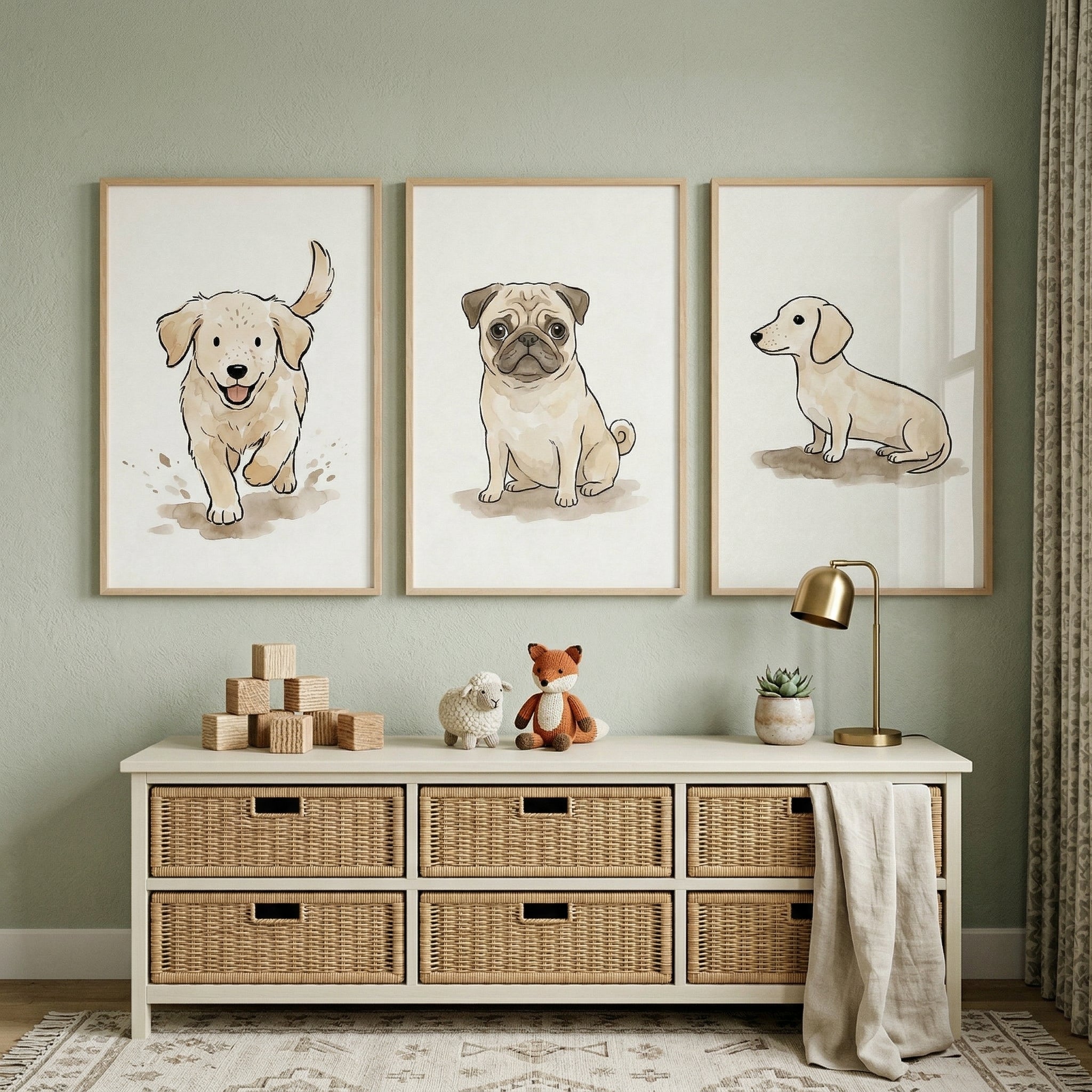 Sand Colored Watercolor Dog Wall Art Set of 3 - Cute Canine Friends