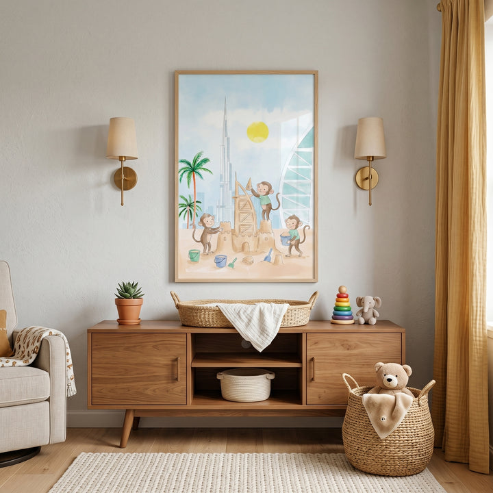 Nursery with a wooden sideboard, woven baskets, and sandcastle beach monkey wall art between two brass wall lamps.