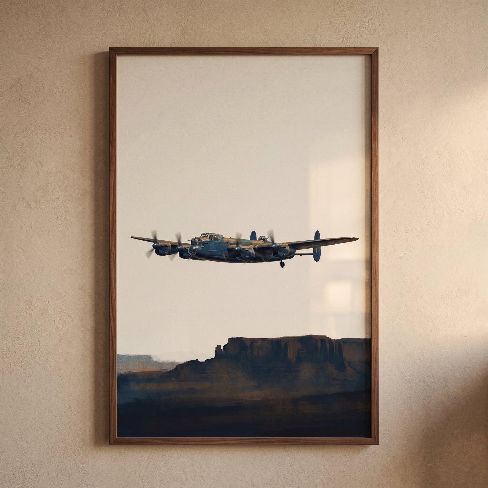 Framed sandstone mesa vintage airplane print of a propeller plane flying above rocky desert plateaus.