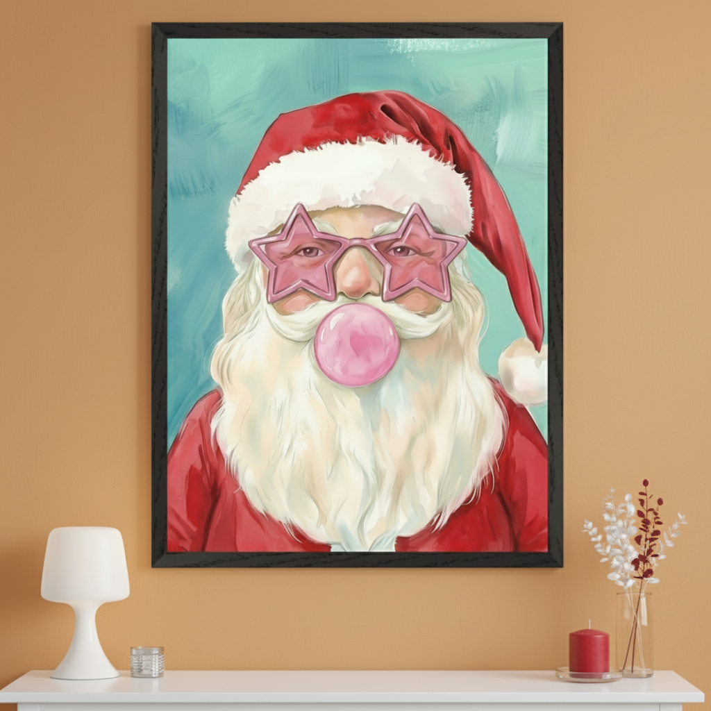 Modern room with a white console table. A large black-framed painting of Santa Claus wearing pink star-shaped glasses and blowing a pink bubblegum bubble is centered above the table. A white lamp, small candle, and vase with branches are on the table.