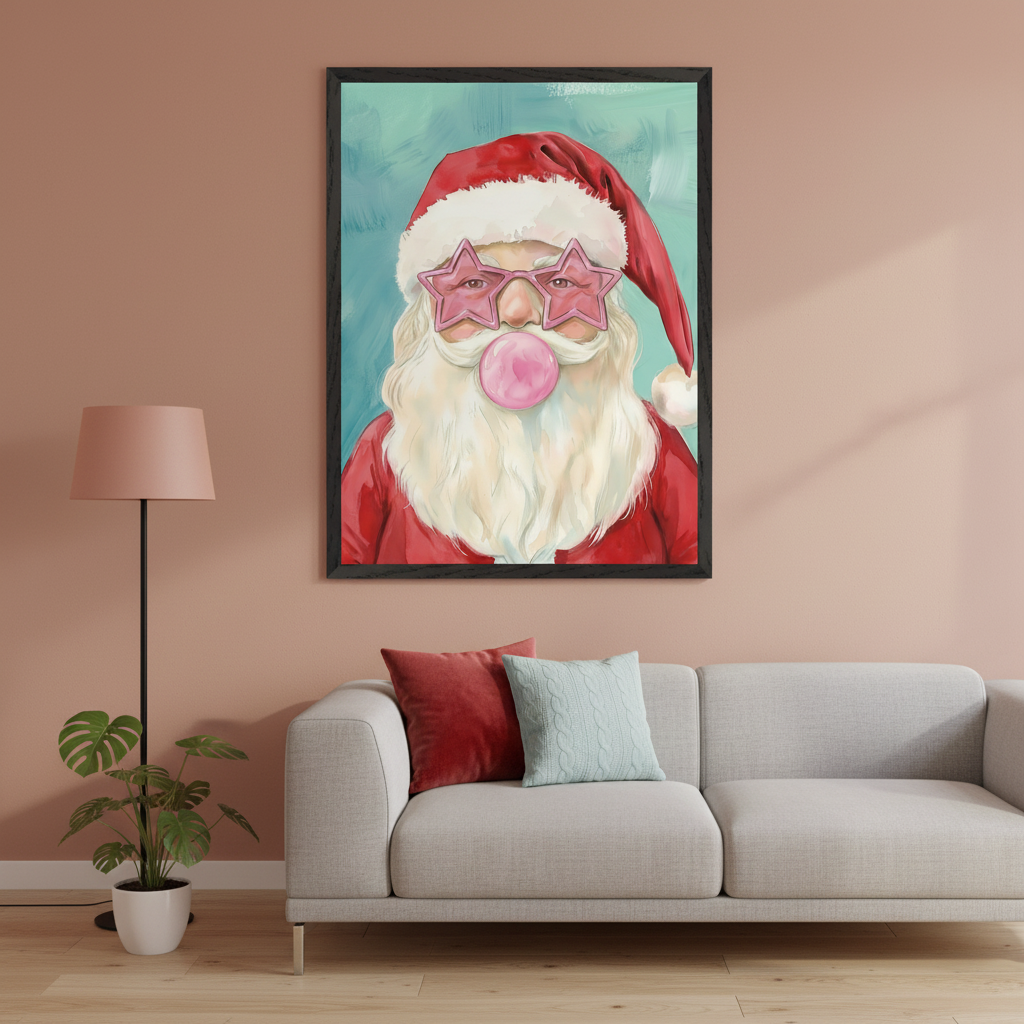 Modern living room with a light gray sofa and a floor lamp. A large framed painting of Santa Claus with pink star sunglasses blowing bubblegum hangs on a peach wall, above the right half of the sofa.
