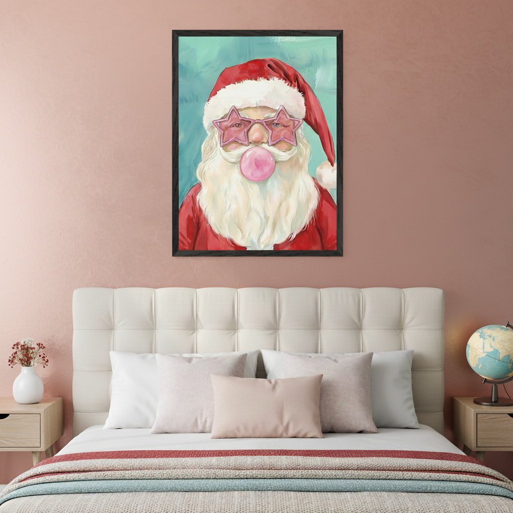 Contemporary bedroom with a beige upholstered bed, two wooden nightstands. A framed, modern illustrative painting of Santa Claus wearing pink star sunglasses and blowing pink bubblegum hangs centered above the bed.