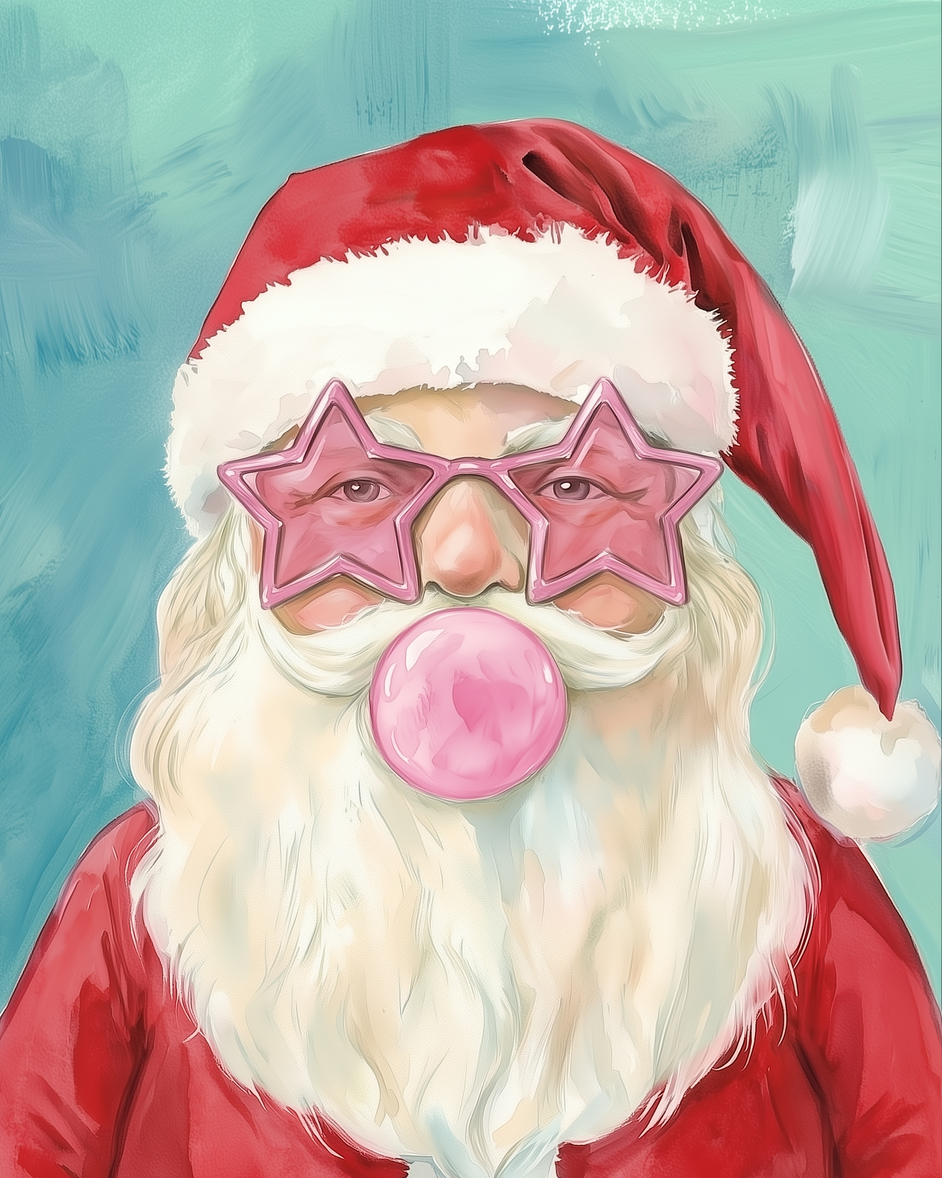  A fun illustration of Santa Claus wearing a red hat, star-shaped pink sunglasses, and blowing a pink bubble gum bubble on a textured turquoise background.

