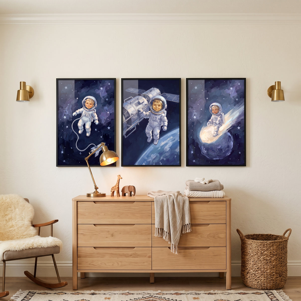 Sapphire Starry Baby Astronaut Wall Art Set of 3 - Little Galaxy Voyager