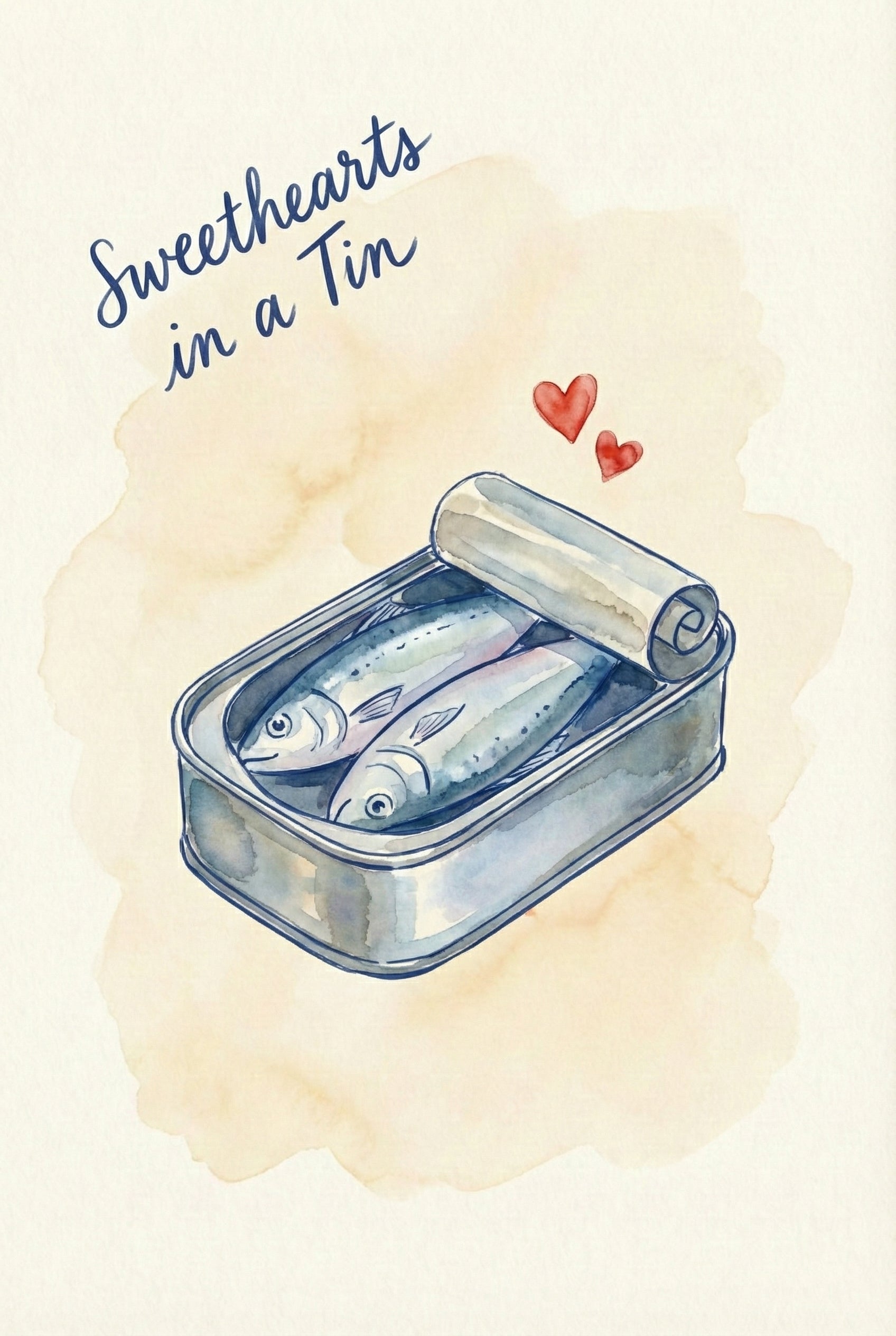 Two cartoon fish lie side by side in an opened sardine tin, with red hearts floating above and the caption “Sweethearts in a Tin.”

