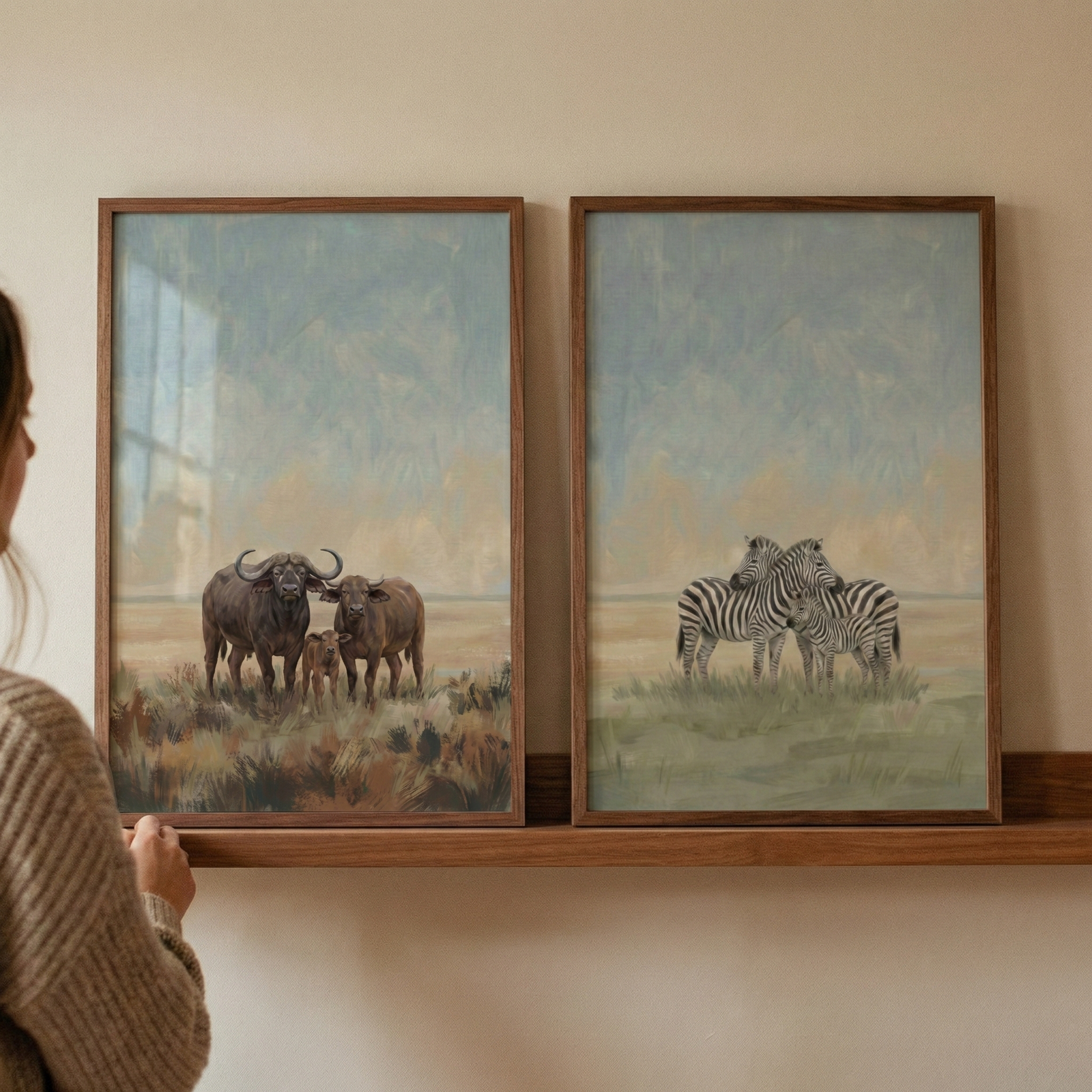 A person's hand touches the corner of a framed artwork on a wooden ledge. The artwork depicts three Cape buffalo in a grassy field. Next to it is a matching frame containing a scene with three zebras in a similar landscape. Both pieces are rendered in a soft, illustrative style with muted colors and visible textures. The thin wooden frames sit against a light-colored wall.