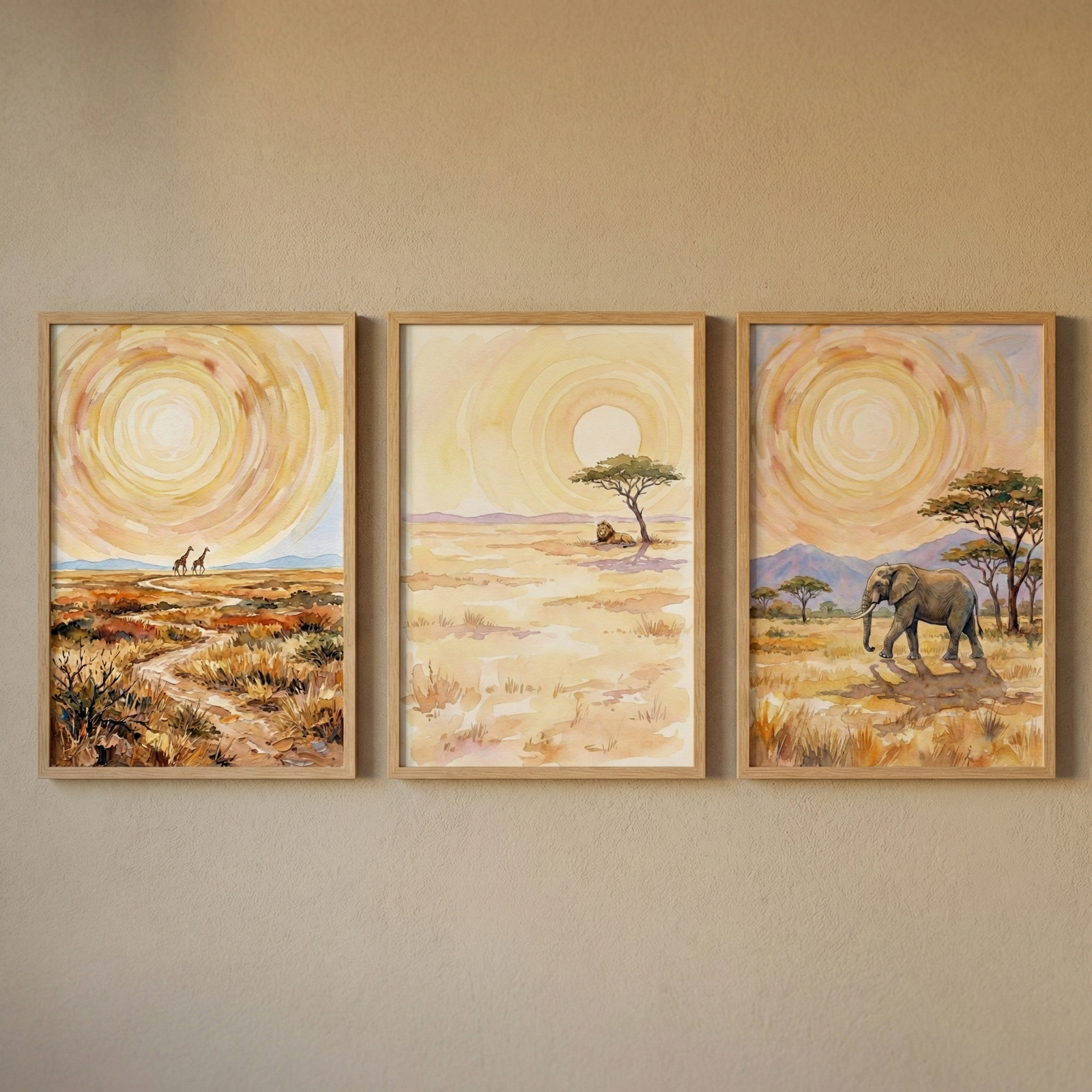 Three framed artworks hang in a row on a neutral, textured wall. Each illustration features a warm-toned savanna scene under a large, stylized sun with swirling patterns. The left piece shows a path through dry grass with two distant giraffes. The center piece depicts an open plain with a single tree and a small seated lion. The right piece features a large elephant walking across the golden landscape. All three scenes are presented in light-colored wooden frames.