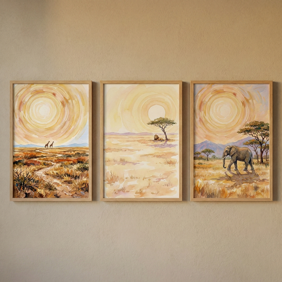 Three framed artworks hang in a row on a neutral, textured wall. Each illustration features a warm-toned savanna scene under a large, stylized sun with swirling patterns. The left piece shows a path through dry grass with two distant giraffes. The center piece depicts an open plain with a single tree and a small seated lion. The right piece features a large elephant walking across the golden landscape. All three scenes are presented in light-colored wooden frames.