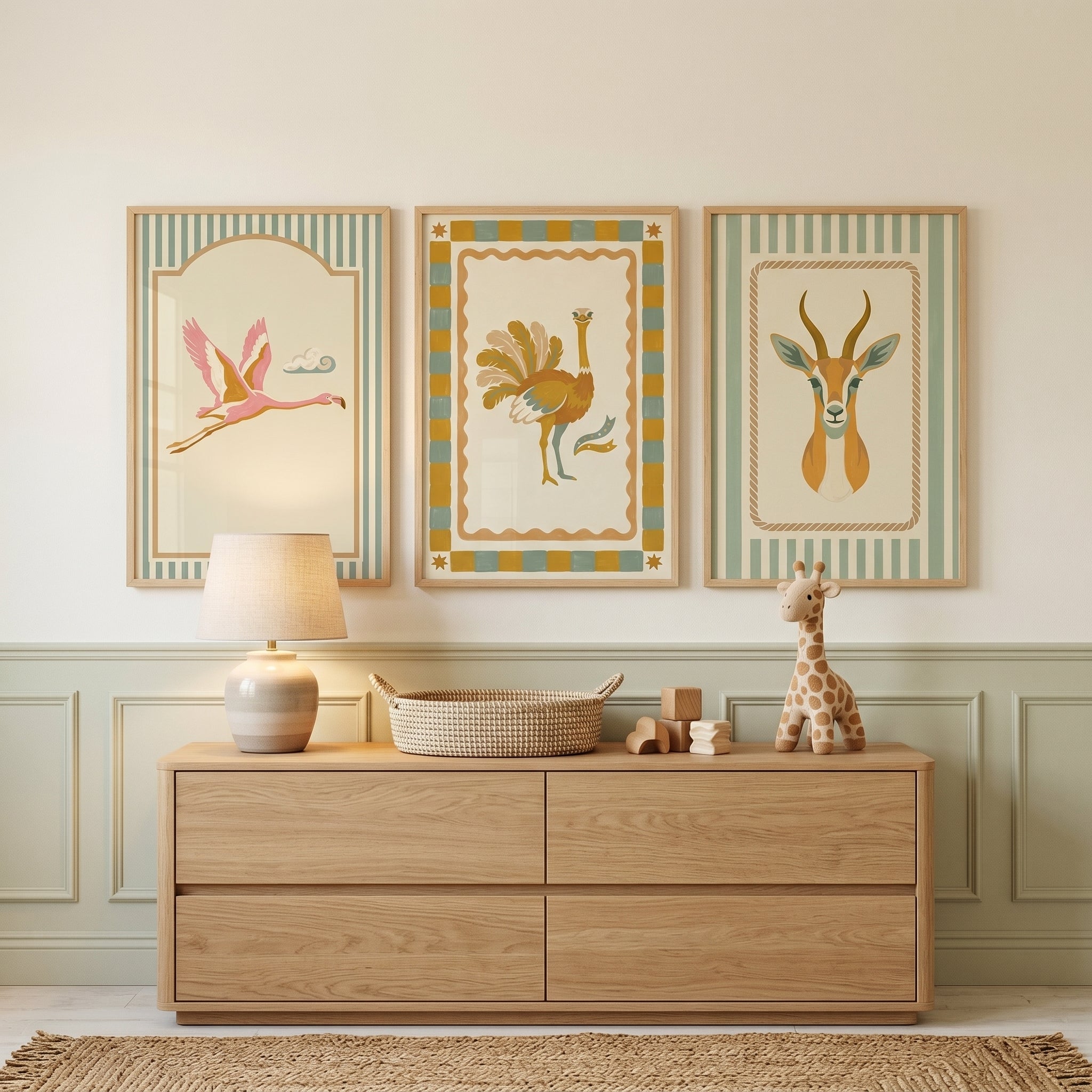 Savanna Folk Safari Animal Wall Art Set of 3 - Whimsical Savanna Prints