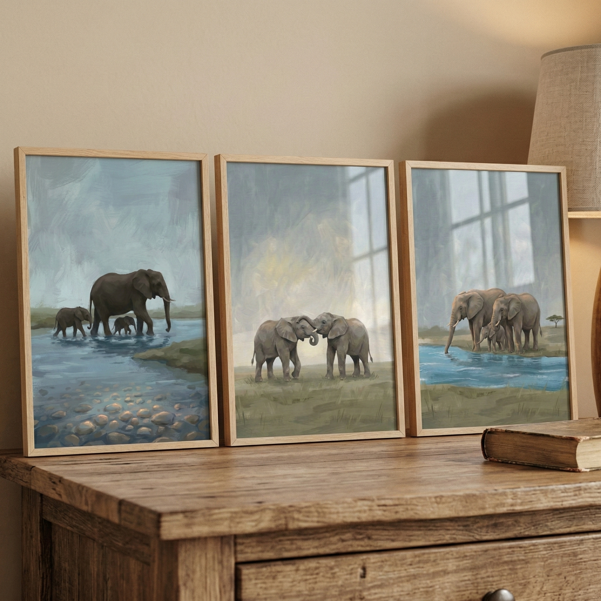Savanna Elephants Wall Art Set of 3 - Gentle Elephant Journey