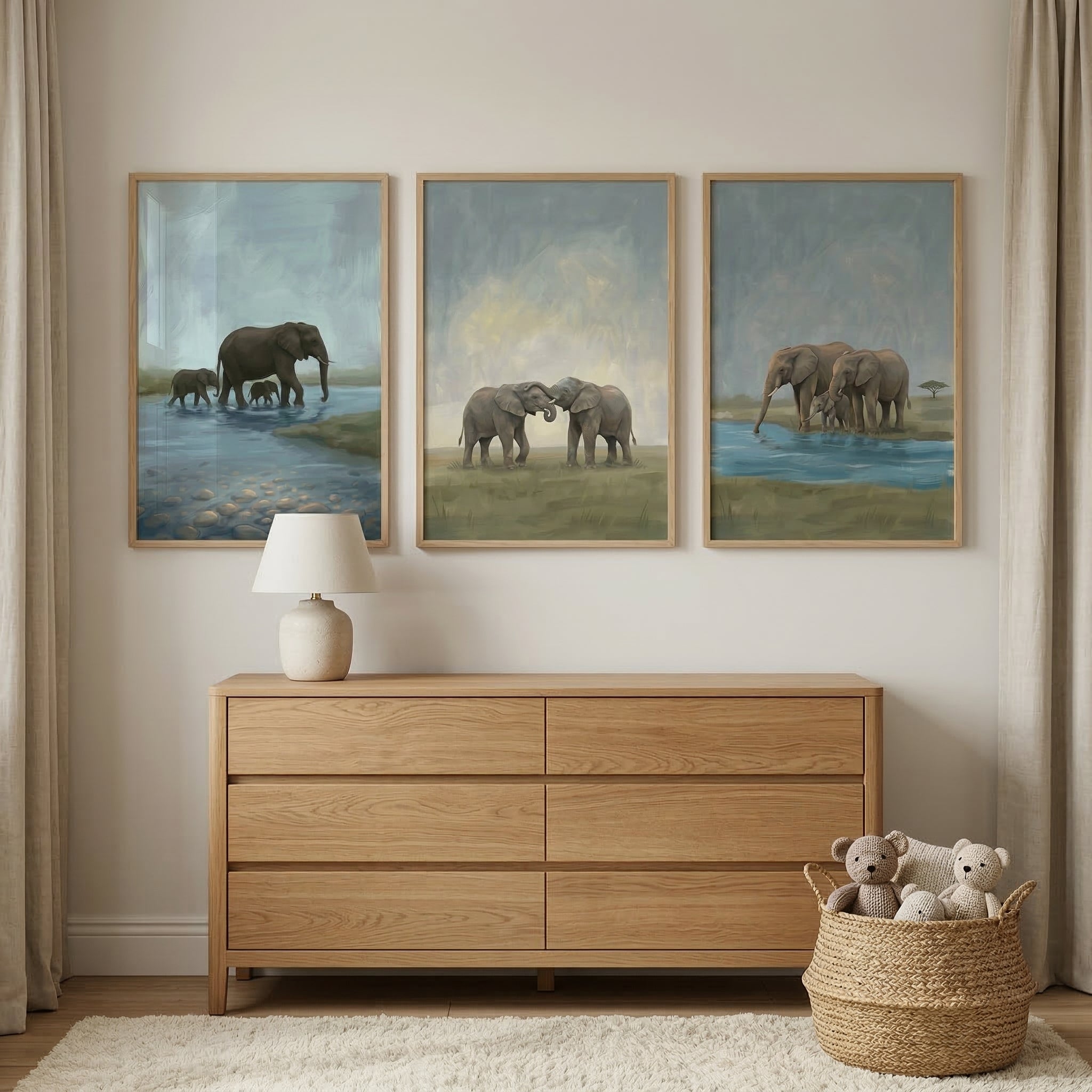 Savanna Elephants Wall Art Set of 3 - Gentle Elephant Journey