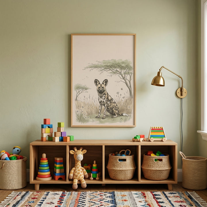 Savanna landscape wild dog wall art above a wooden toy shelf with a giraffe plushie and blocks in a green nursery.