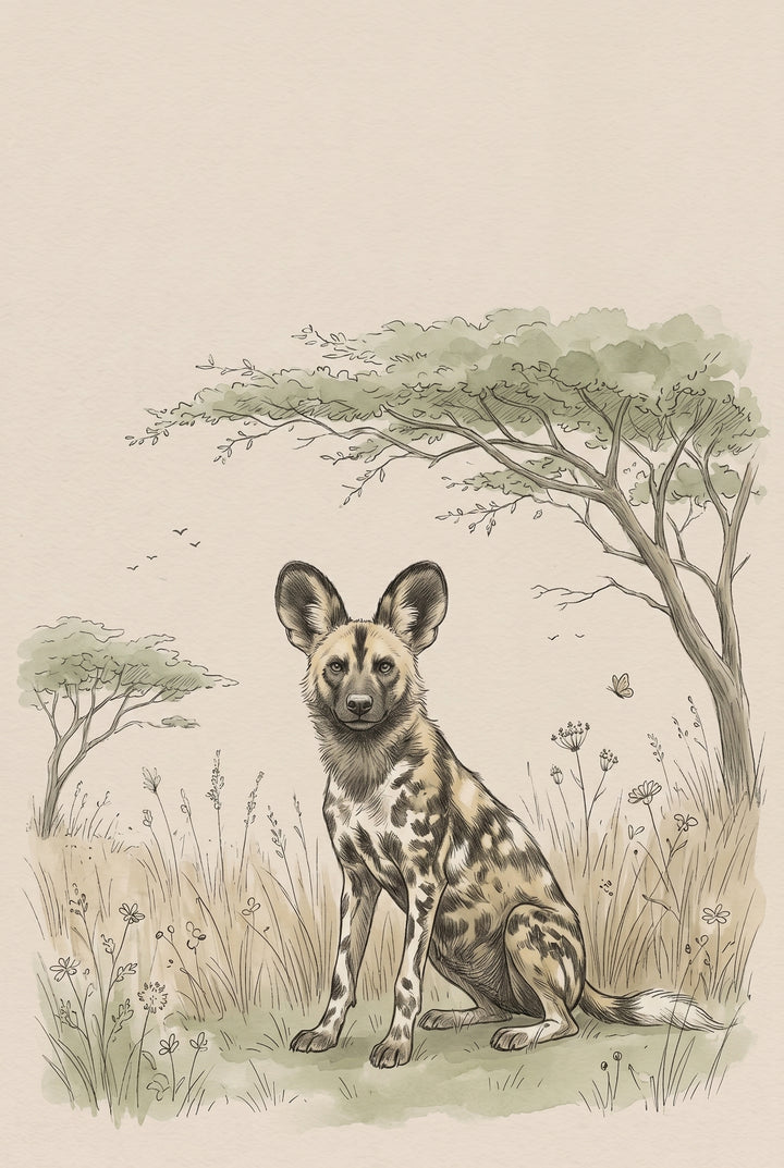Savanna landscape wild dog wall art featuring a spotted African wild dog sitting in tall grass under a tree.