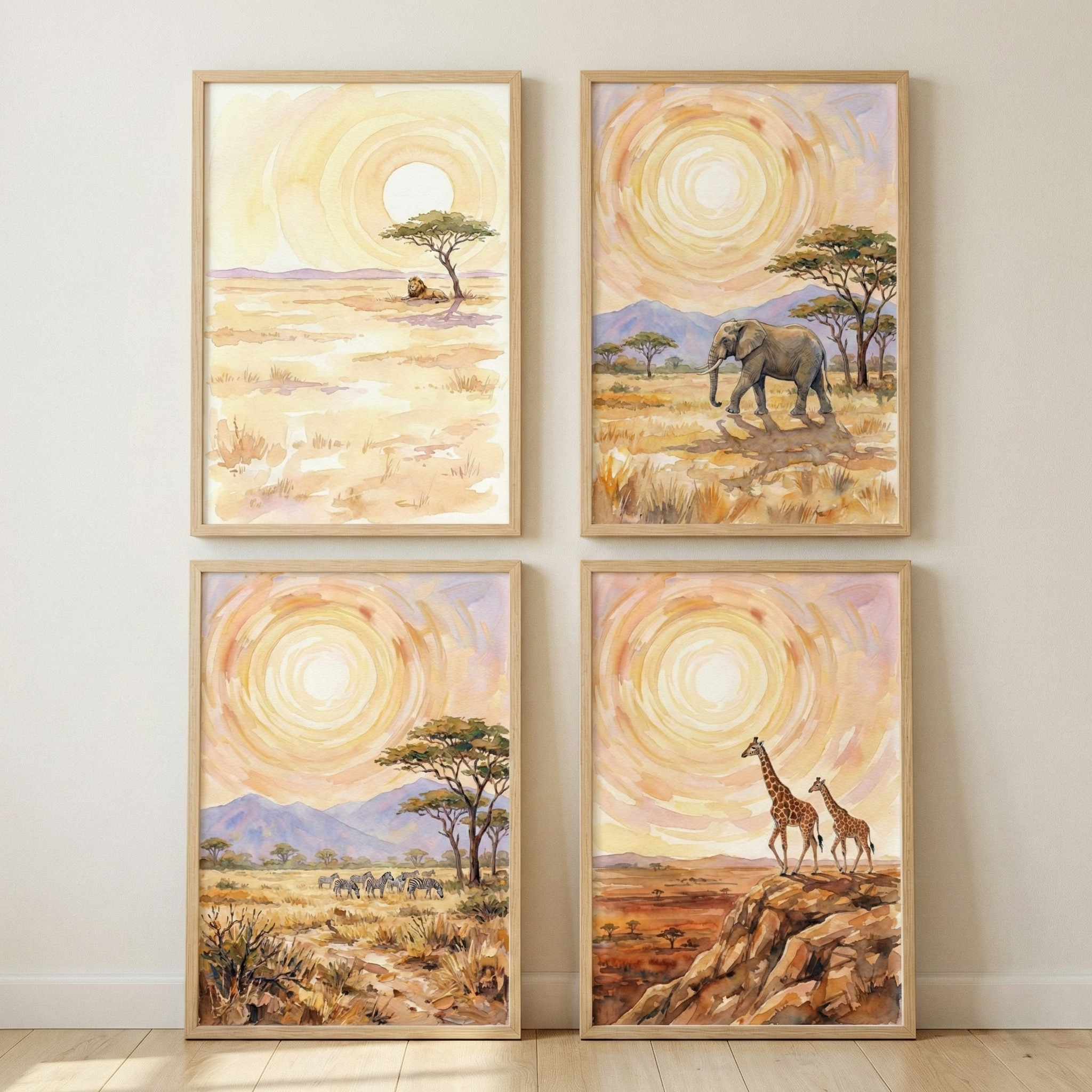 Four framed watercolor-style savanna scenes are arranged in a 2x2 grid on a plain wall. Each piece features a large circular sun in a warm-toned sky. The top-left shows a lion resting under a tree; the top-right shows an elephant walking; the bottom-left portrays zebras in a field; the bottom-right depicts two giraffes on a rocky outcrop. The art uses a palette of yellow, orange, and soft purple. The frames are light wood, complementing the minimalist setting.