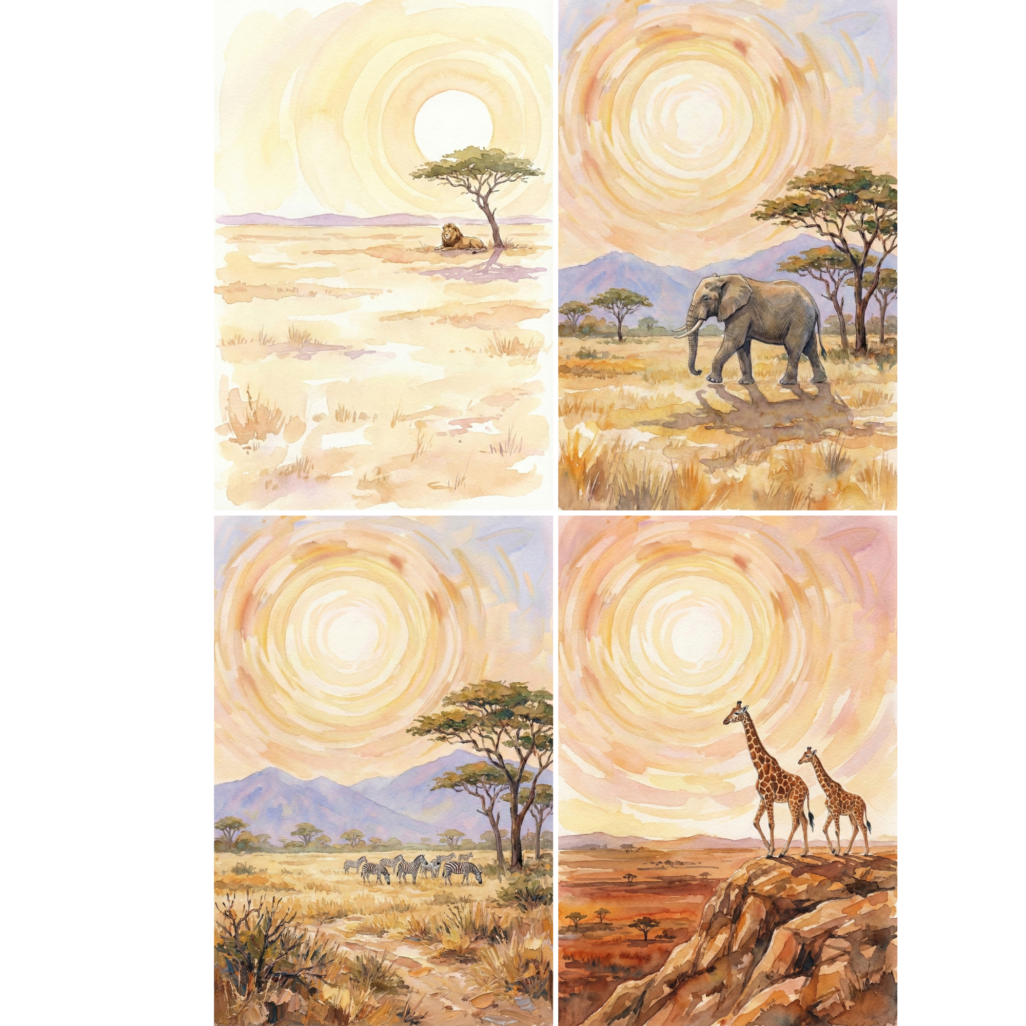 Four panel watercolor painting of an African savanna under a large swirling golden sun. The top left shows a lion resting beneath a lone acacia tree, the top right features an elephant walking across dry grass with mountains in the distance, and the bottom left shows a small herd of zebras grazing near scattered trees. The bottom right depicts two giraffes standing on a rocky outcrop overlooking the warm red and gold landscape at sunset.

