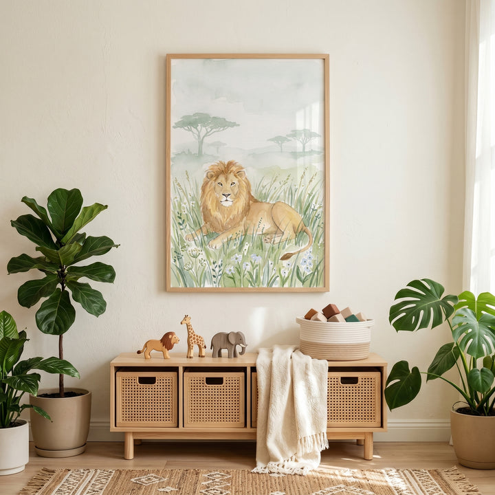 Savanna meadow lion wall art hangs above a wooden console with animal toys, wicker baskets, and plants on a woven rug.