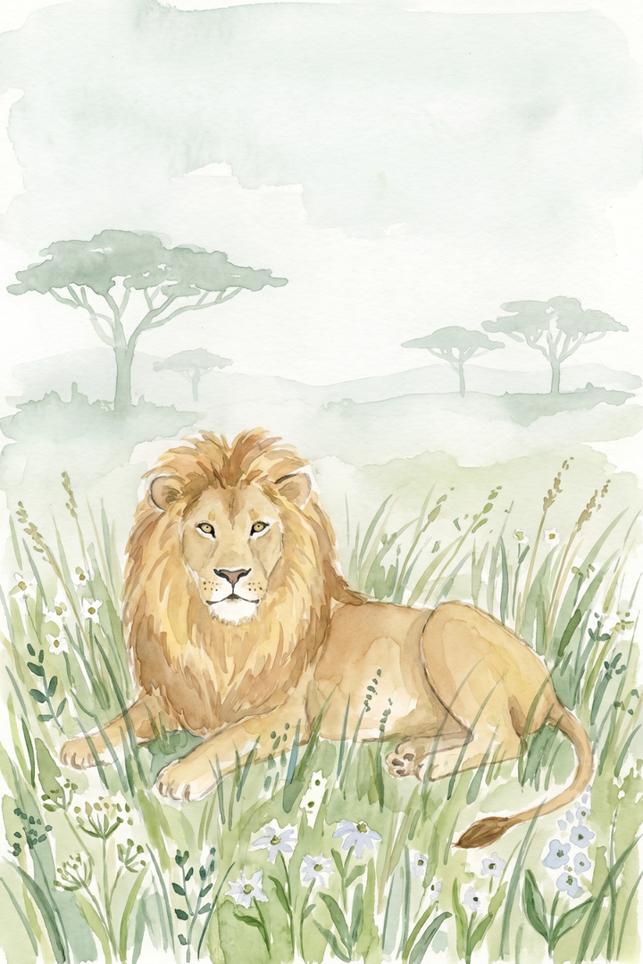 Savanna meadow lion wall art shows a watercolor male lion resting in tall grass and flowers with distant acacia trees.