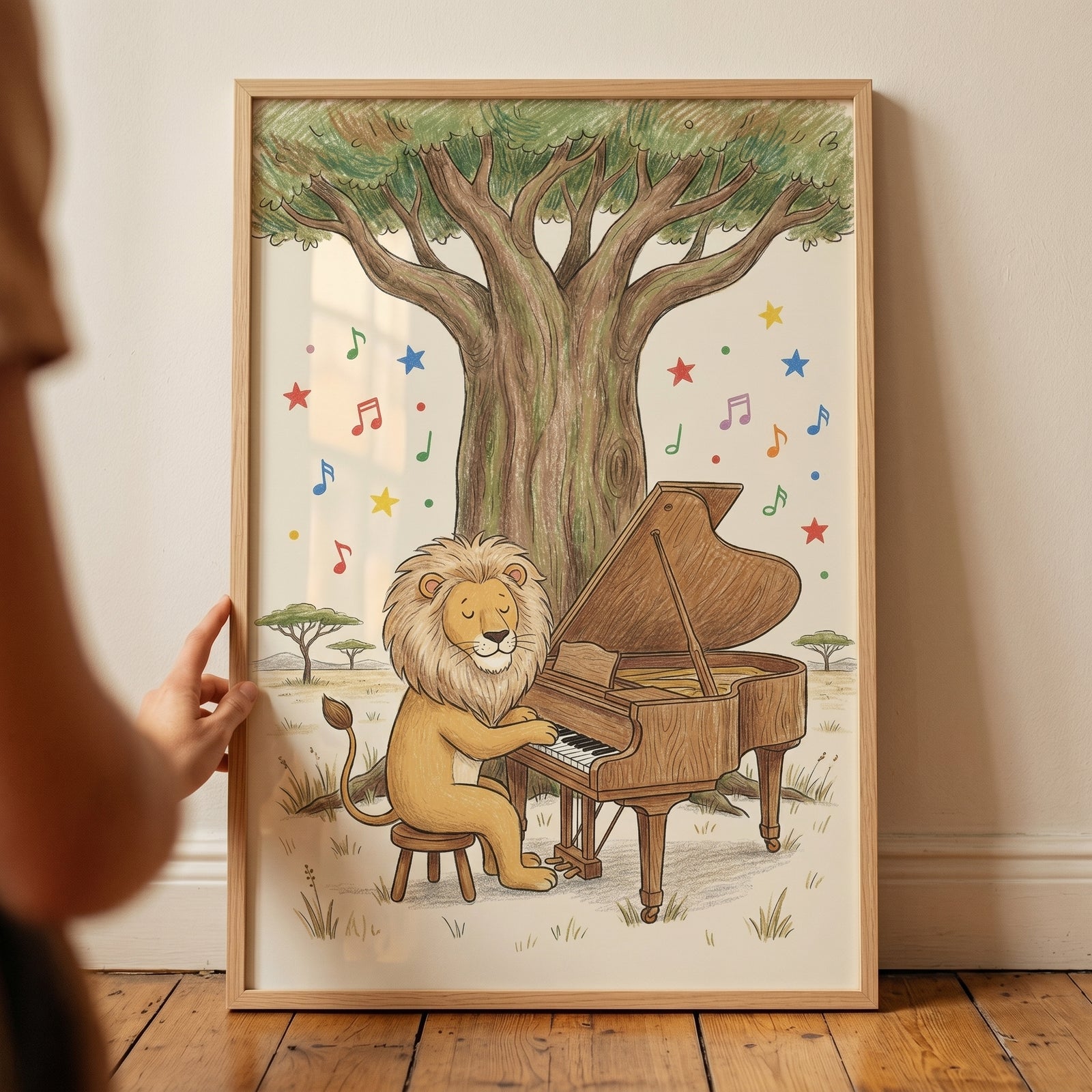 A lion plays a grand piano under a large tree in this savanna musical piano lion artwork with colorful musical notes.