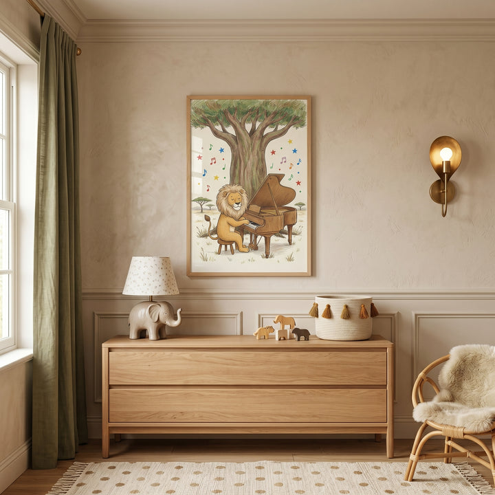 Savanna musical piano lion artwork in a neutral nursery above a wood dresser with an elephant lamp and rattan chair.