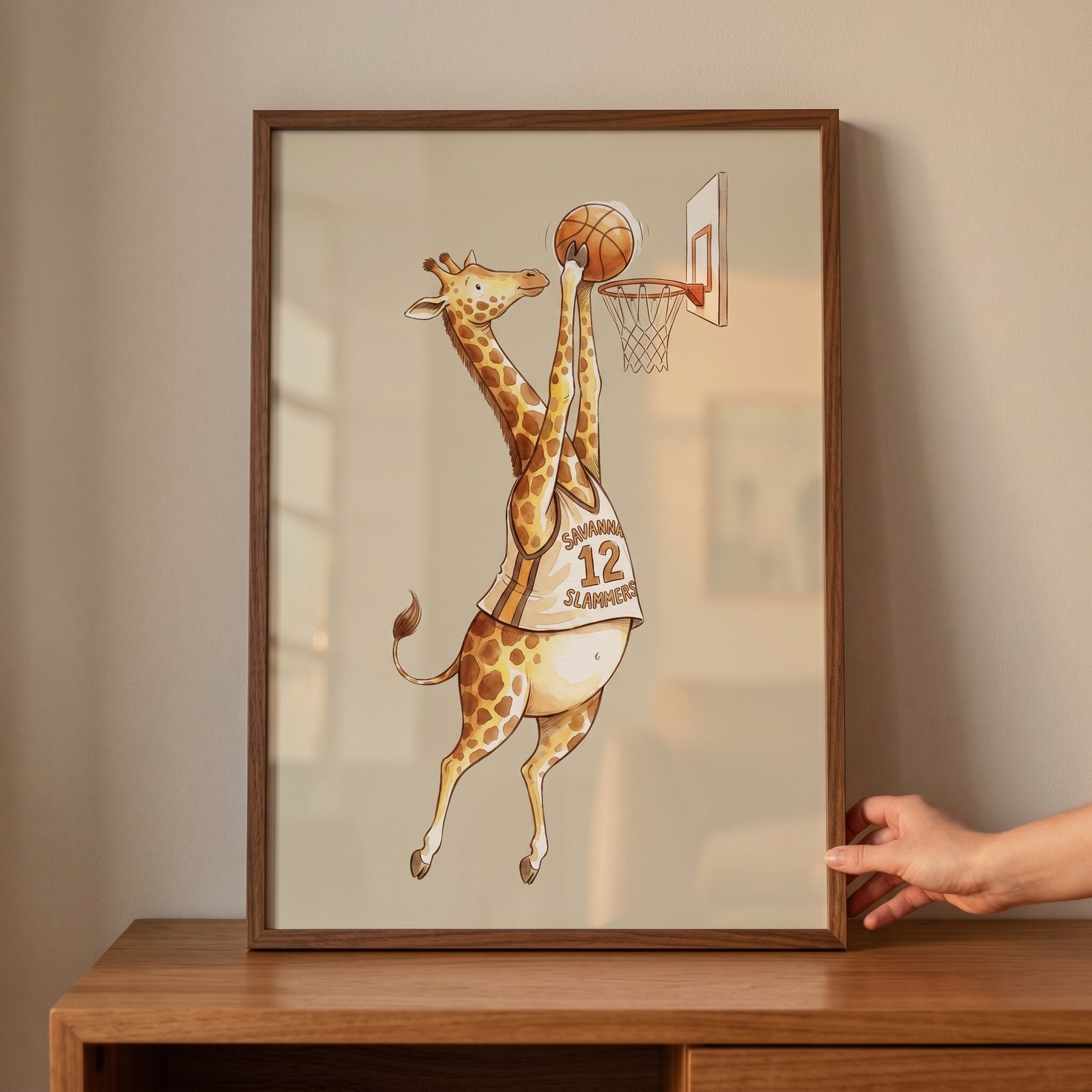 Framed savanna slammers basketball giraffe artwork features a giraffe in a jersey dunking a ball into a hoop.