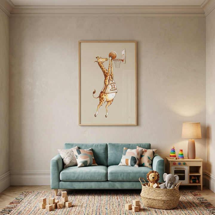 Savanna slammers basketball giraffe artwork hangs above a teal sofa in a nursery with toys and a patterned rug.