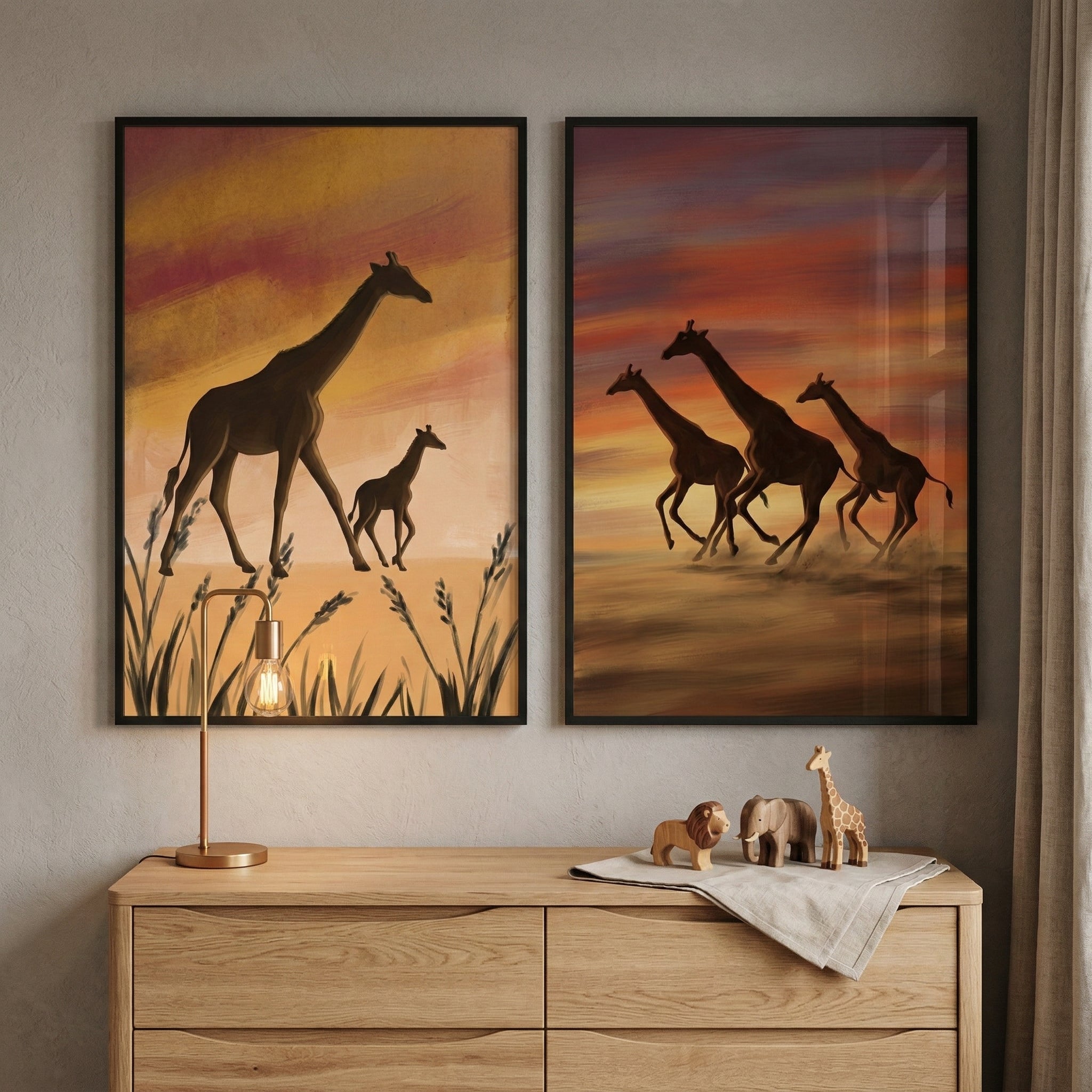 Savanna Giraffe Family  Wall Art Set of 2 - Golden Savanna Sunset