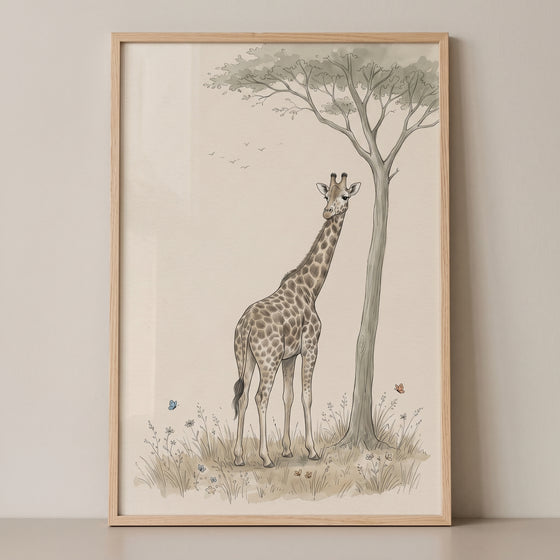Savanna tree standing giraffe wall art in a wood frame depicts a giraffe in a meadow with butterflies and distant birds.