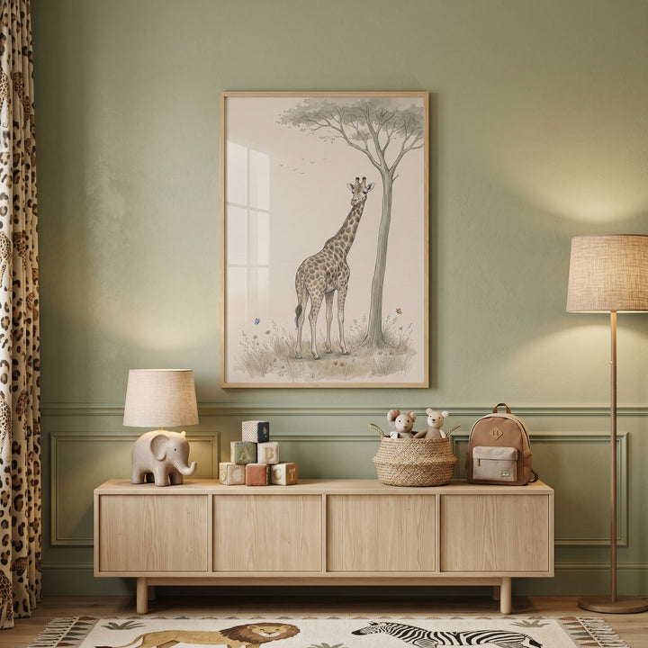 Savanna tree standing giraffe wall art hangs above a wooden sideboard in a green room with toys and an elephant lamp.