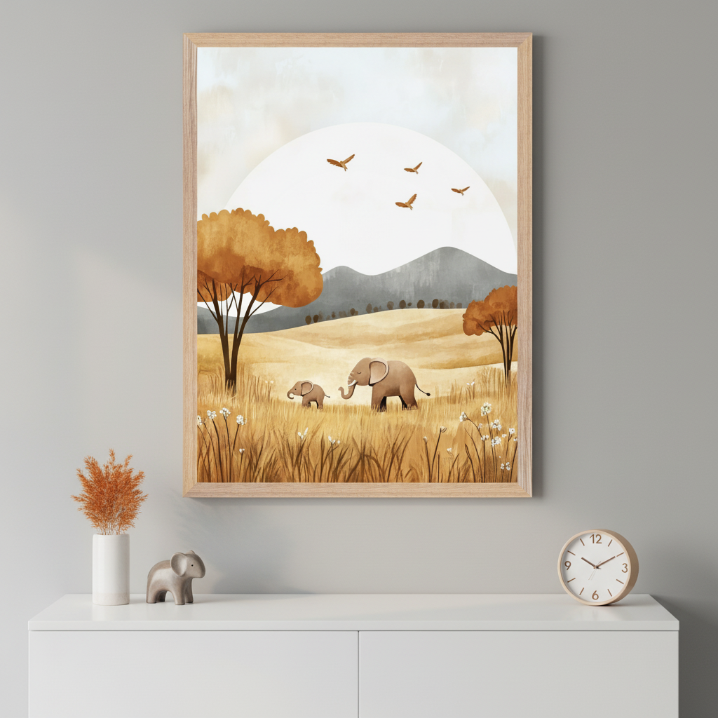 Modern room with a white dresser. A framed watercolor illustration of an adult and baby elephant in a golden savanna with trees and mountains hangs centered above the dresser. On the dresser are a vase with dried foliage, an elephant figurine, and a clock.