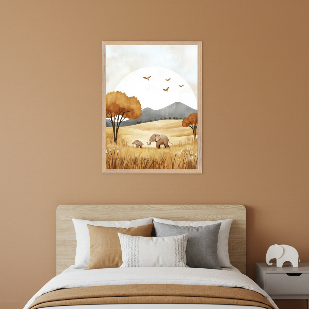 Bedroom with a wooden bed, pillows, and a gray nightstand with an elephant figurine. Centered above the bed, a framed watercolor painting depicts an adult and baby elephant walking in a golden field with trees, mountains, and flying birds under a large pale sun.