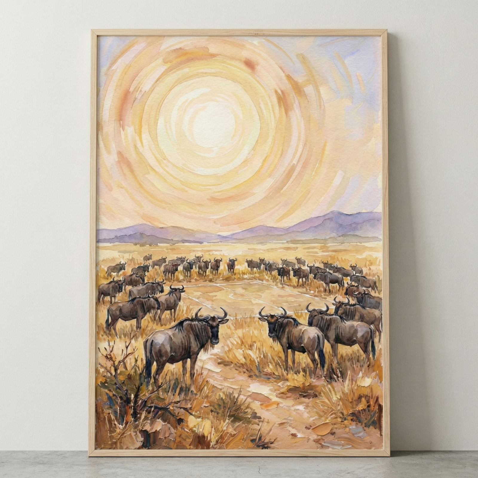 A framed piece of artwork depicting a herd of wildebeests on a vast savanna. In the foreground, detailed wildebeests stand in dry grass. More of the herd gathers in a wide circle in the middle ground against a backdrop of distant purple mountains. The sky is dominated by a large, glowing sun, with thick, concentric circular brushstrokes of yellow, gold, and pale blue radiating outwards. The style is impressionistic and textured, presented in a light wood frame leaning against a wall.