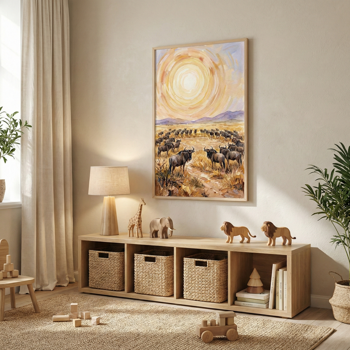 A neutral-toned child's room features a large framed piece of artwork on the wall depicting a herd of wildebeests on a savanna under a bright, swirling sun. Below it, a low wooden shelving unit houses woven baskets and several books. On top of the shelf, there are wooden animal figurines—a giraffe, an elephant, and two lions—next to a lamp. The room is filled with natural light and includes a textured rug with wooden toy blocks and a small toy train on the floor.