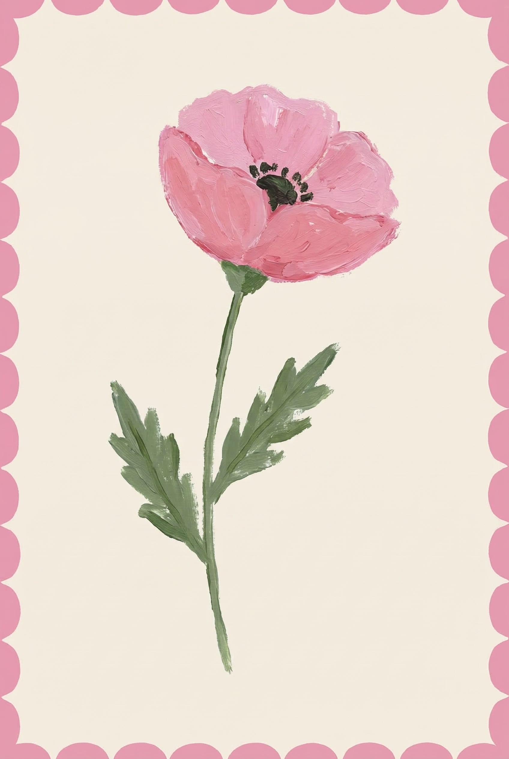 Scalloped Border Botanical Poppy Wall Art - Blushing Poppy Bloom