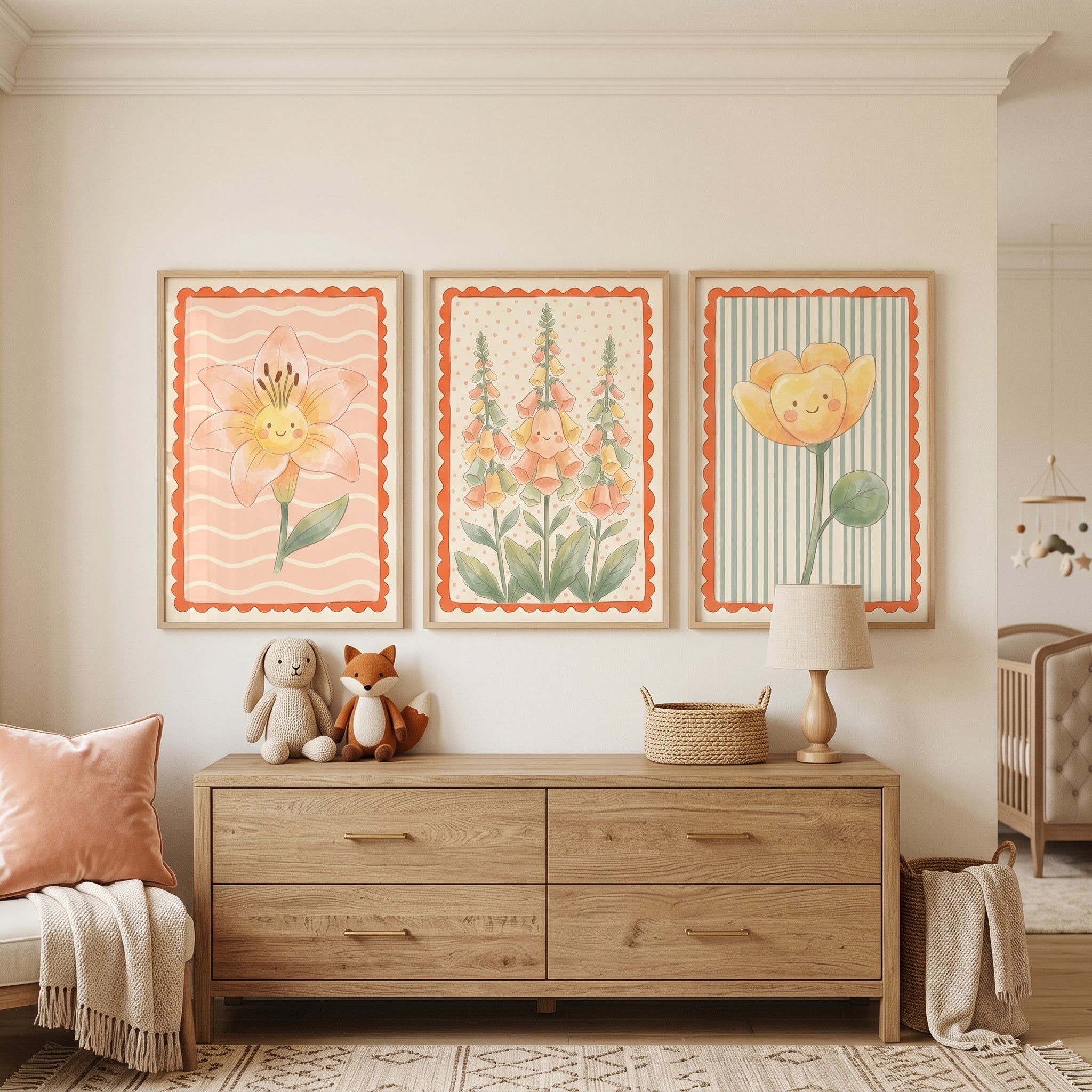 Scalloped Border Smiling Flower Wall Art Set of 3 - Happy Flower Trio