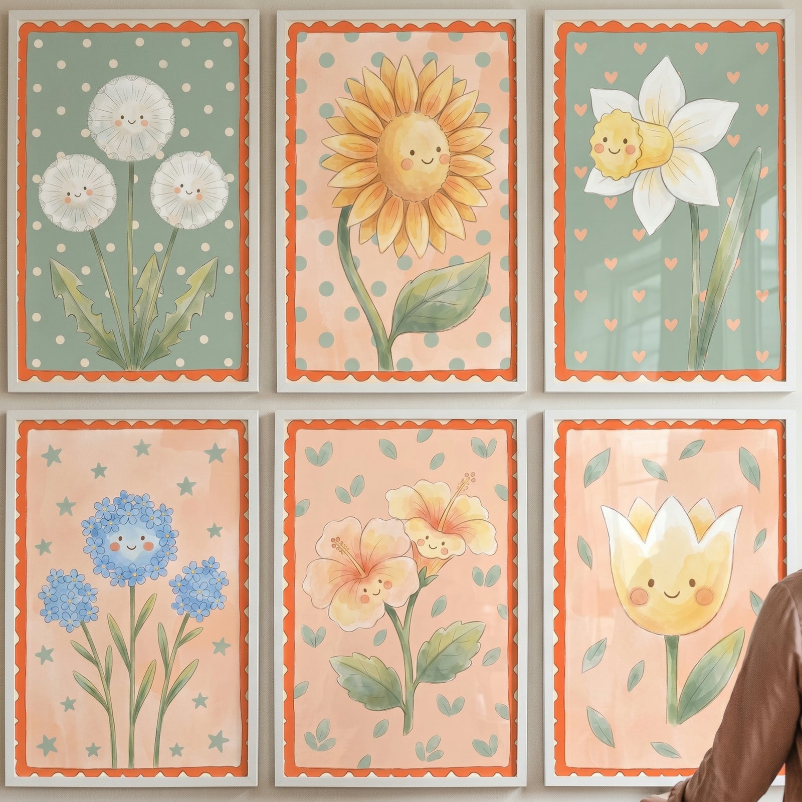 Scalloped border smiling flower wall art set of 6 features whimsical floral characters with faces in white frames.