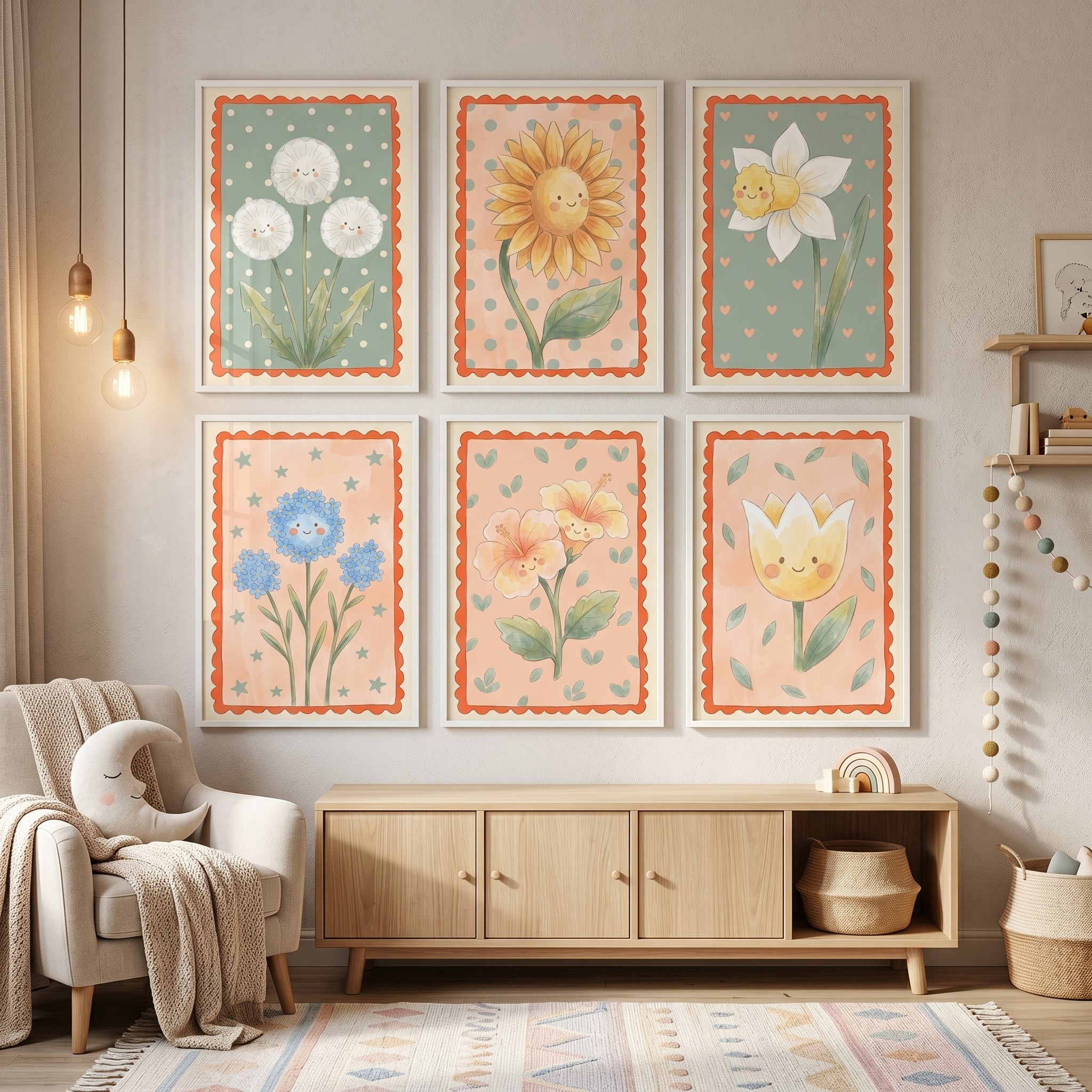 Scalloped Border Smiling Flower Wall Art Set of 6 - Cheerful Bloom Set
