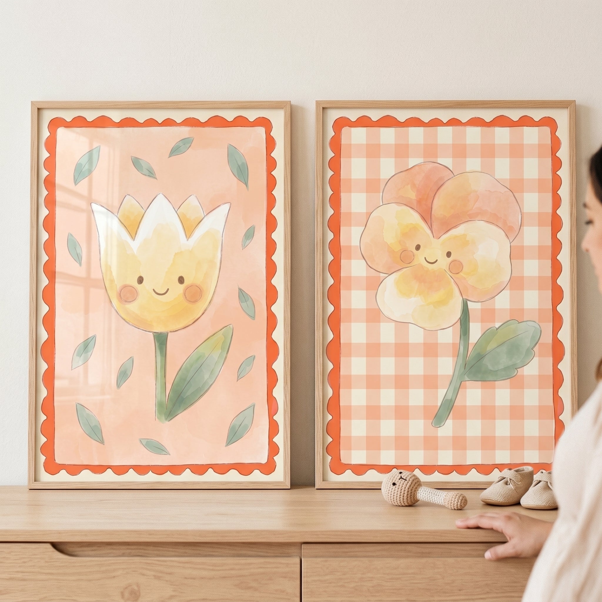 Scalloped Edge Smiling Flower Artwork Set of 2 - Happy Petal Pair