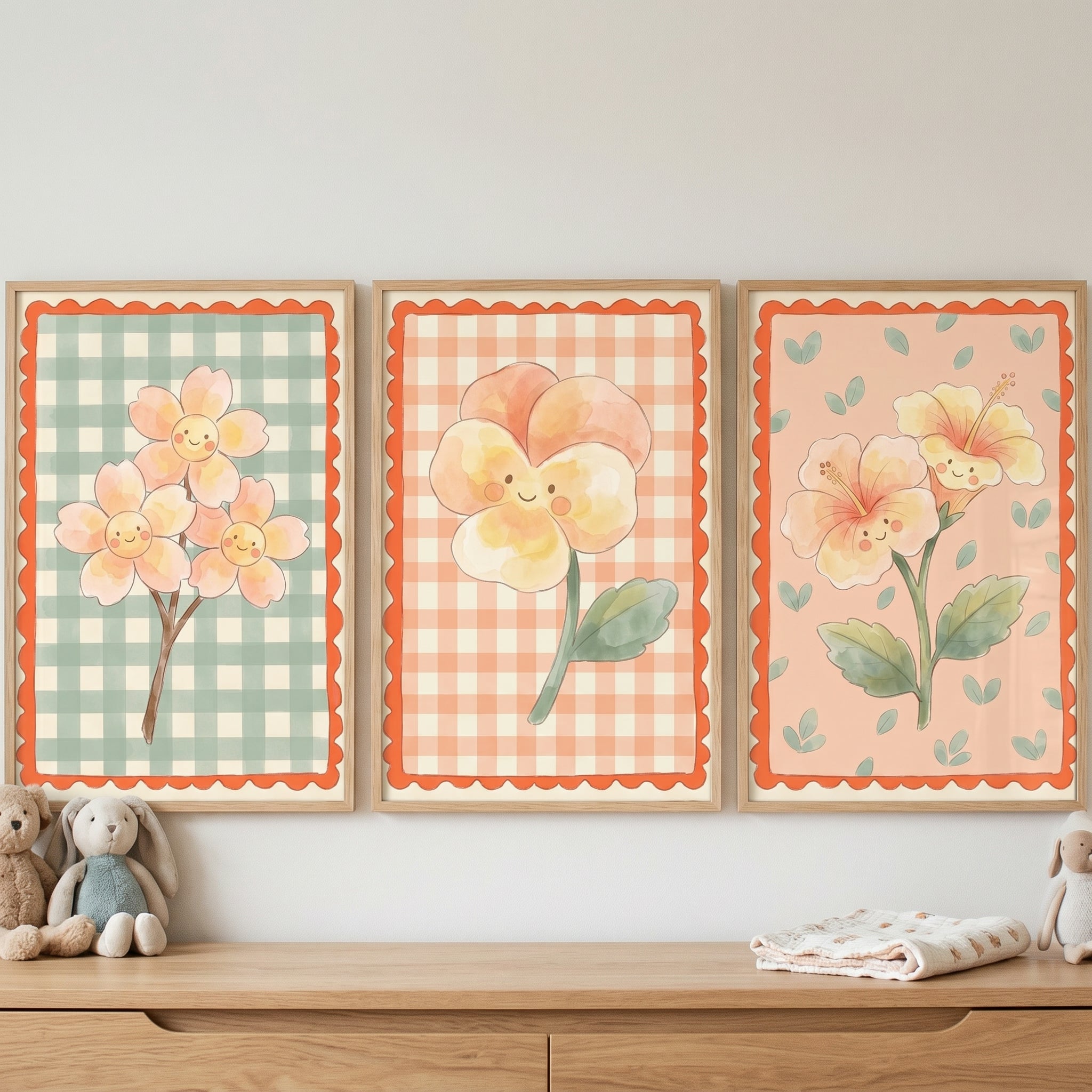 Scalloped Smiling Flower Wall Art Set of 3 - Sweet Floral Friends