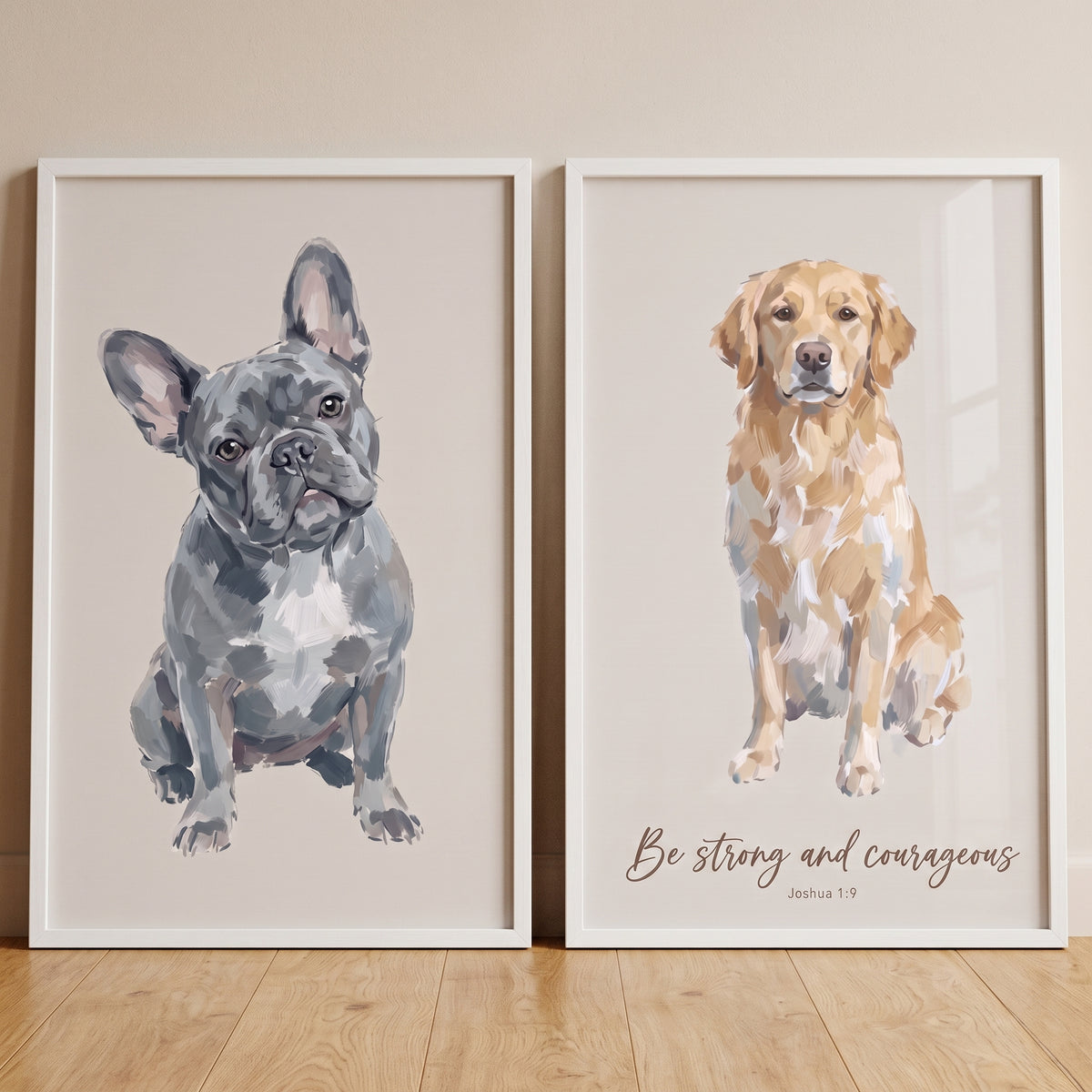 Scandi neutral minimalist dog wall art set of 2 featuring portraits of a French Bulldog and a Golden Retriever.